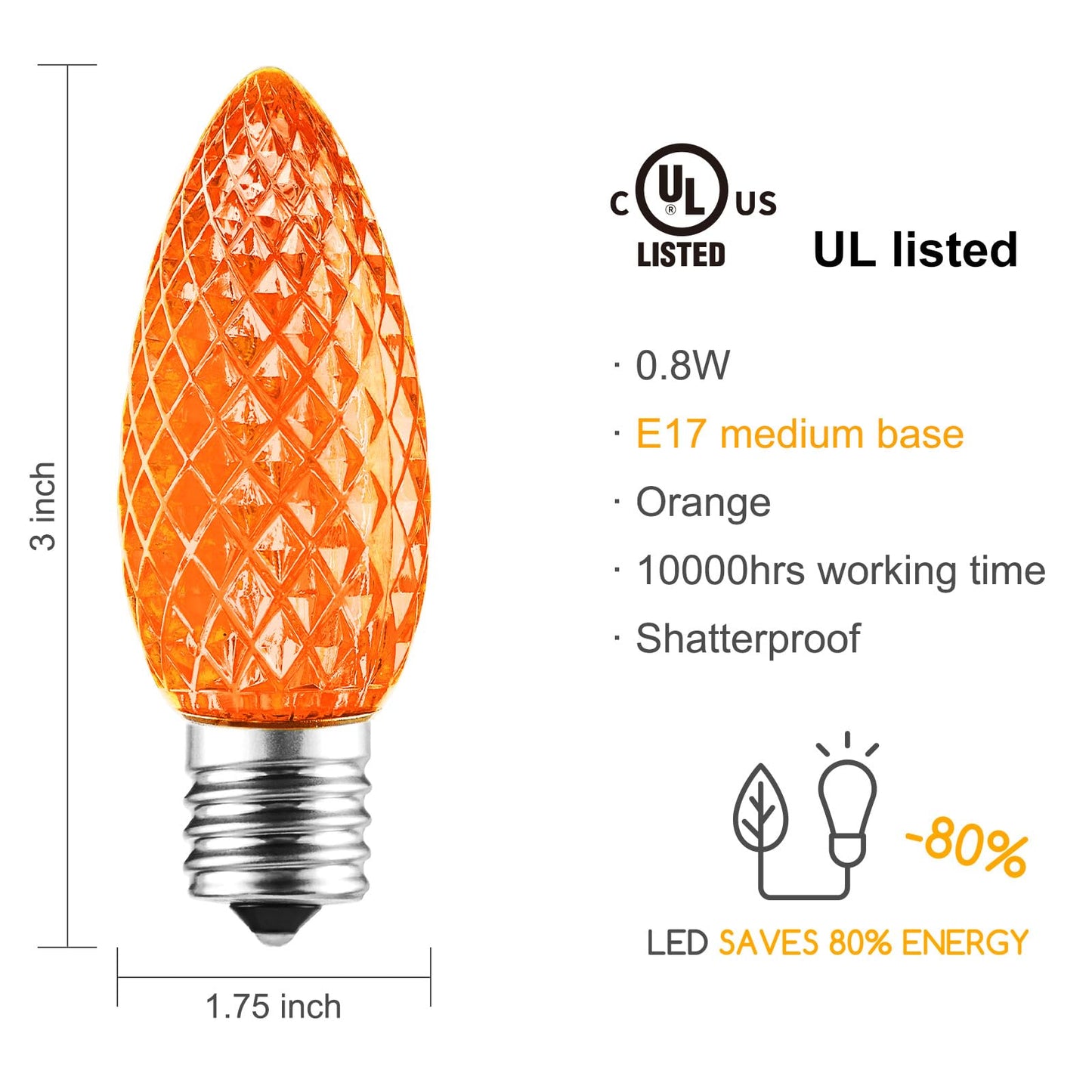 Minetom C9 Orange LED Replacement Light Bulbs, 25 Pack, Dimmable, Acrylic, Fits C9/E17 Base Sockets