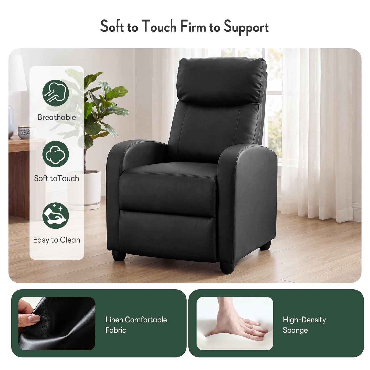 HAPPYMONT Recliner Chair, Recliner Sofa PU Leather for Adults, Recliners Home Theater Seating with Lumbar Support, Reclining Sofa Chair for Living Room, Black
