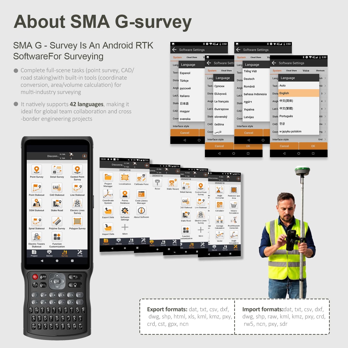 SMA26 Pro Rover GNSS Receiver RTK Surveying System with Controller and Software, Work as Base Station for Drones, 10000mAh, 32GB, 4G/BT/CORS, IP67 Protection, Ideal for Construction & Engineering