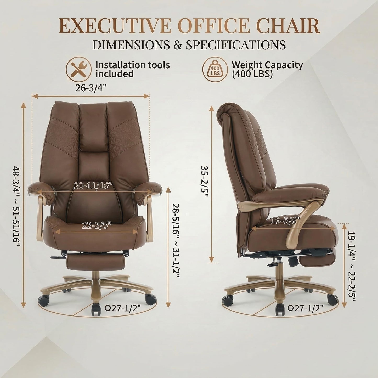 EXCEBET Big and Tall Office Chair 400lbs Wide Seat, Ergonomic Executive Desk Office Chair with Footrest, High Back PU Leather Chair with Lumbar Support, Padded Armrests, Heavy Duty Base, Brown