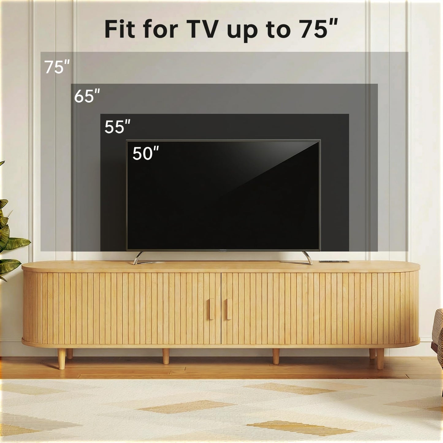 MXV 70" Mid-Century Modern TV Consoles with Sliding Doors, TV Stand with Power Outlet, Fluted Entertainment Center with Adjustable Shelves, for Living Room