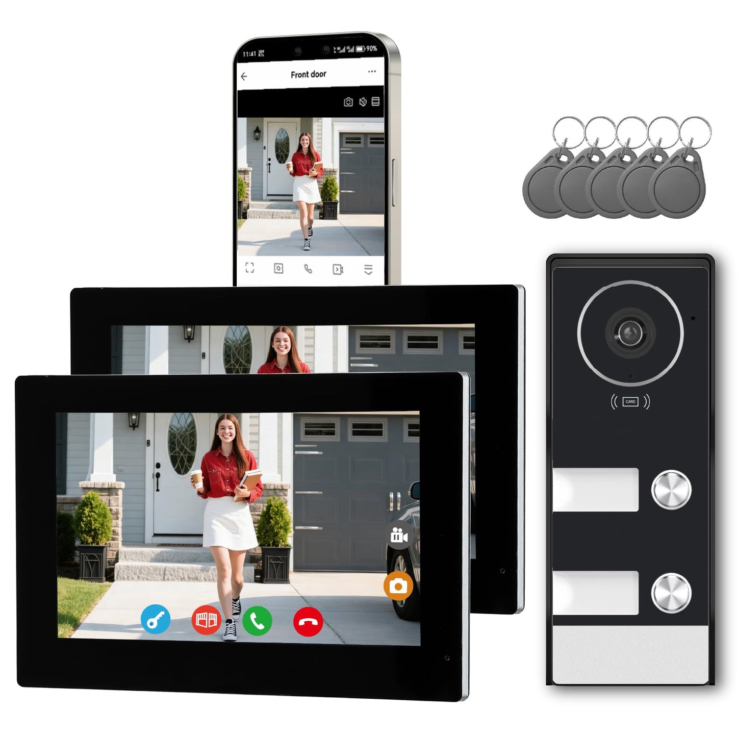 KeonBell Smart Home Video Intercom System,Wired Video Doorbell with 2X 7-inch Touch Screens,Remode Unlocking via App/RFID,Two-Way Audio,Night Vision,WIFI6 2.4/5GHz,2 Unit Household