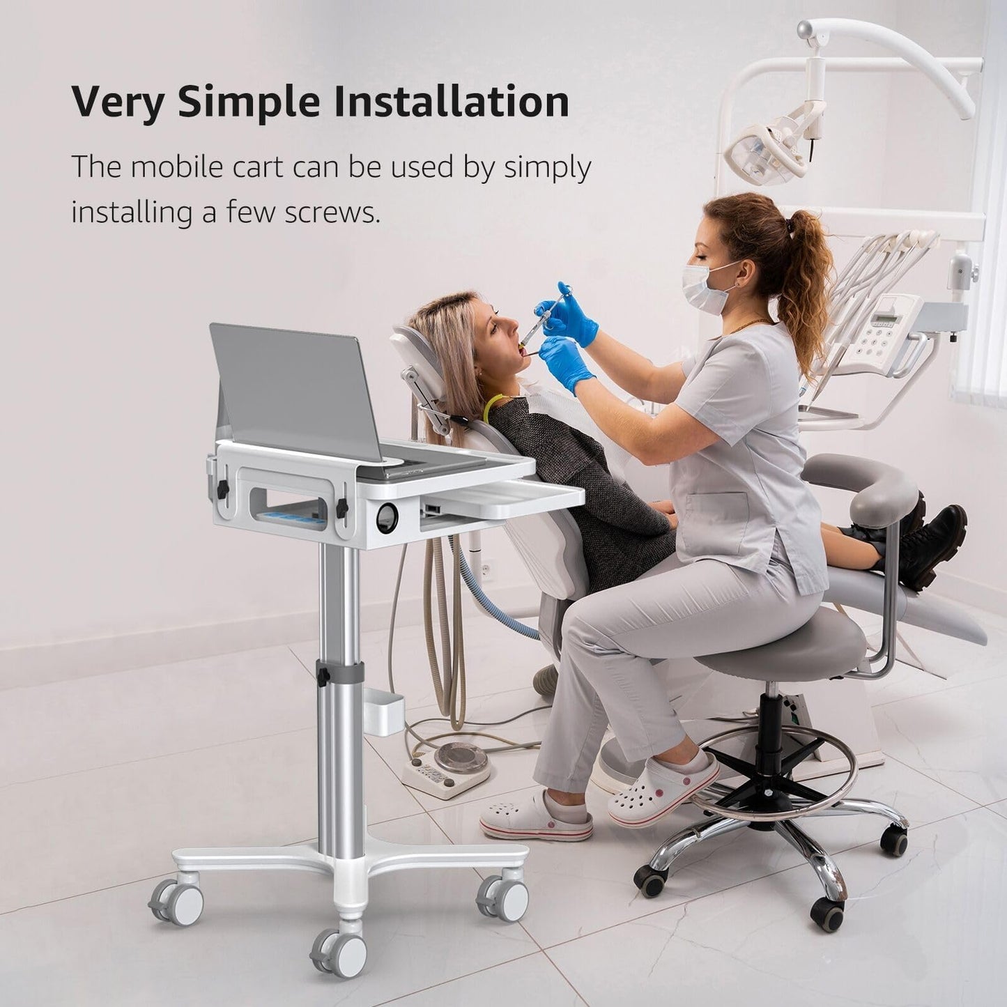 BEWISER Medical Cart Mobile Trolley Height Adjustable Easy Installation Pallet Cart with Oral Scanner Holder Laptop Workstation