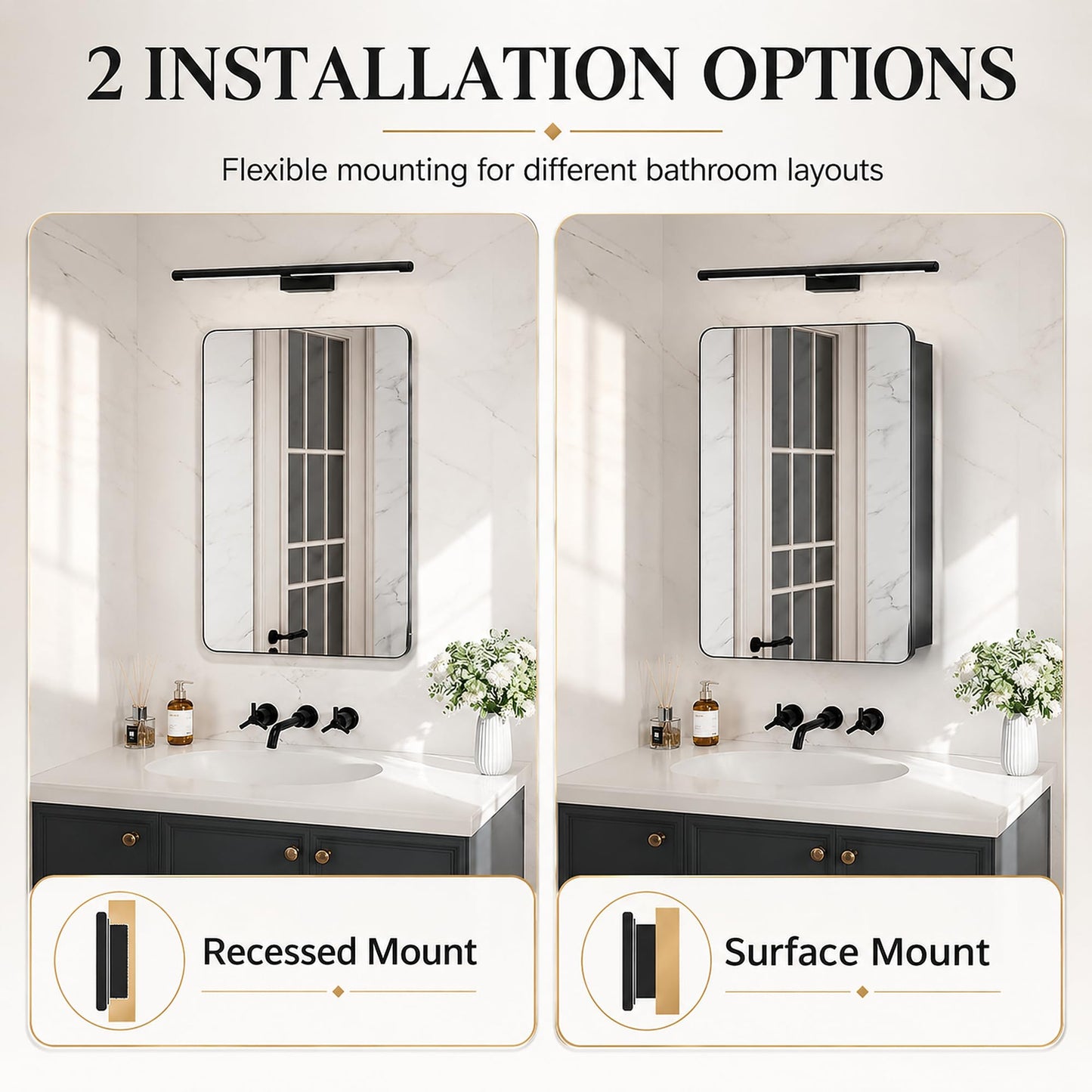 MemoCastle Medicine Cabinet with Mirror, 20x30 Inch Aluminum Bathroom Cabinet with Adjustable Shelves, Built-in Makeup Storage, Recessed or Surface Mount, Soft Close Hinges, Matte Black