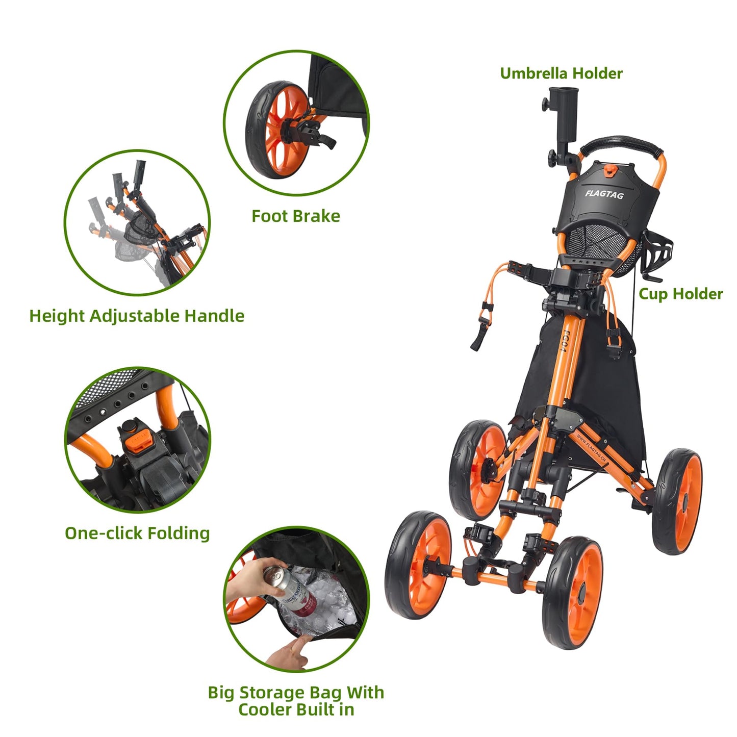FLAGTAG Golf Push Cart 4-Wheels,Folding Golf Cart, Golf Pull cart with Cup Holder,Umbrella Holder,Cooler Bag, Foldable with one-Click,Handle Height Adjustable,Drink Holder,Walking Push cart