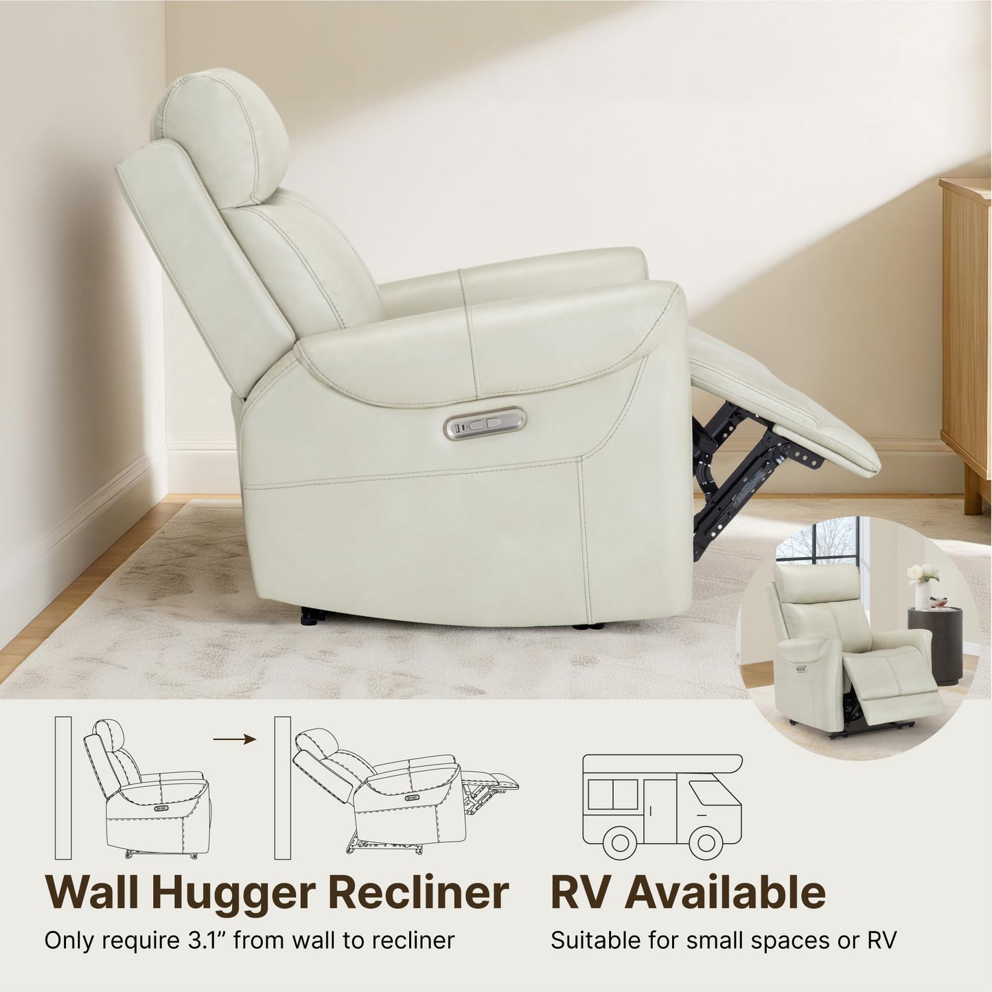 KISLOT Wall Hugger Recliner Chair for Adults, Faux Leather RV Recliner with USB Charging Ports Electric Power Reclining Sofa for Living Room Home Theater Seating Bedroom
