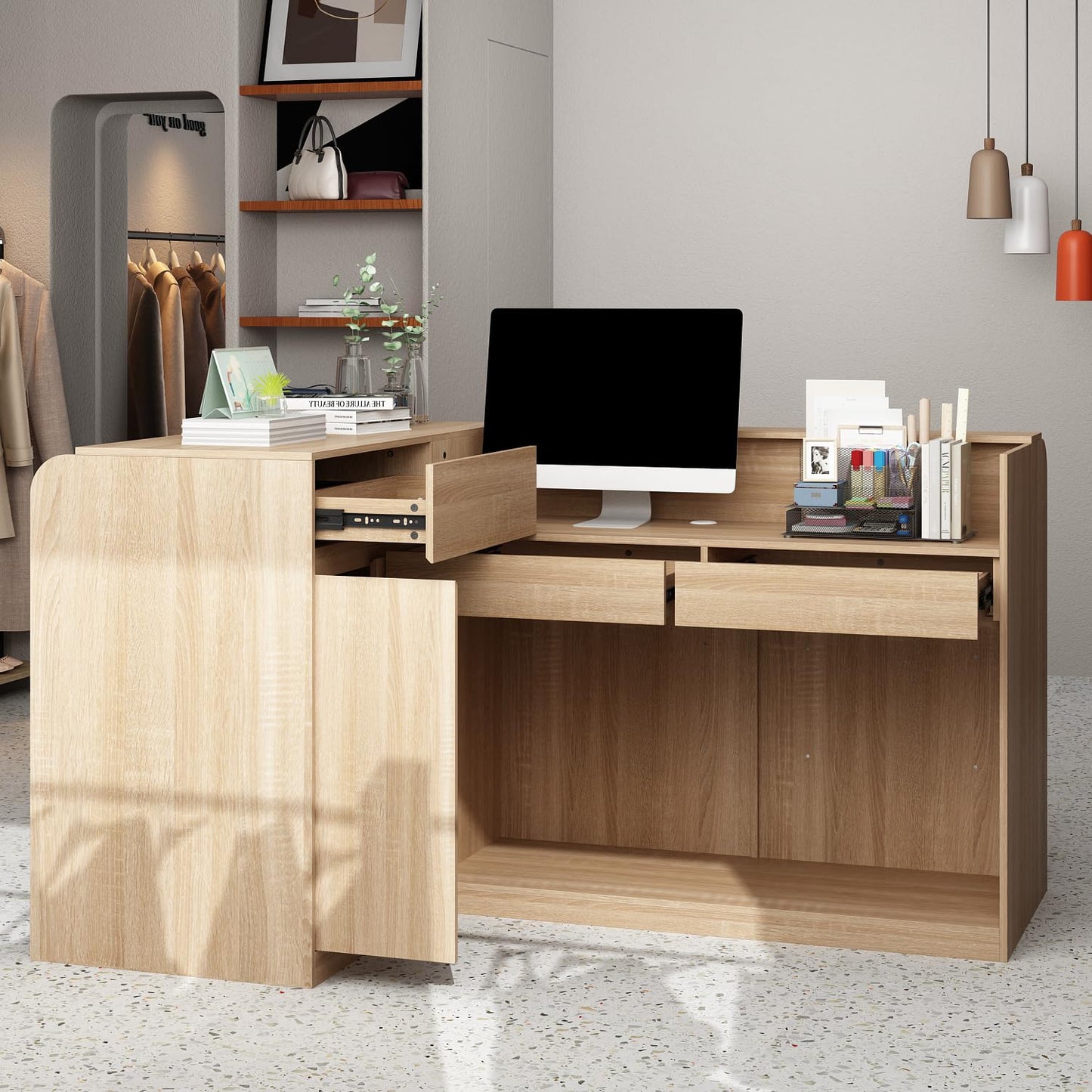 AIEGLE Reception Desk with Counter, 70.9" W Modern Retail Checkout Counter w/Drawers & Open Shelves, L-Shaped Oak Front Desk Reception Table with Storage Cabinet for Salon, Lobby, Office