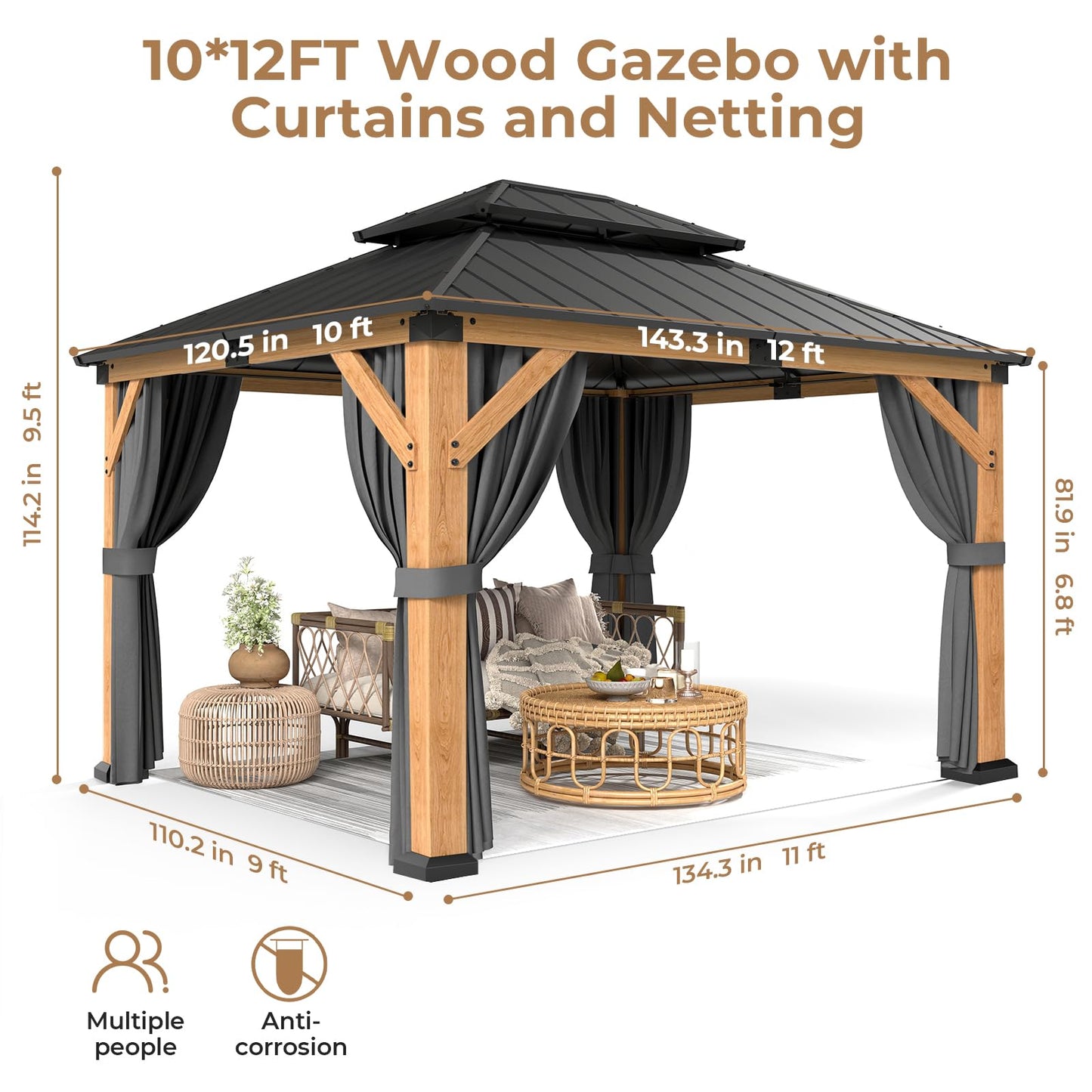 Jocoevol 10' X 12' Wood Gazebo Hardtop Outdoor Permanent Pavilion with Double Galvanized Steel Roof, Curtains and Netting, Snow Support, Wind Resistance, for Backyard Garden, Lawns, Patio