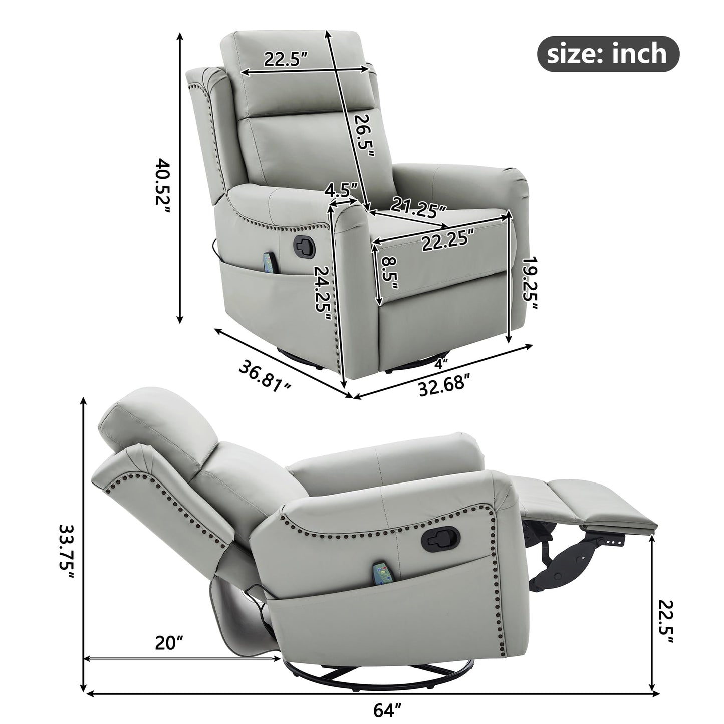 Merax Modern Manual Recliner Chair with Massage & Heat, 270° Swivel Rocking Chair, PU Leather Upholstered Home Theater Recliner with Storage Pocket, Adjustable Backrest for Living Room, Grey