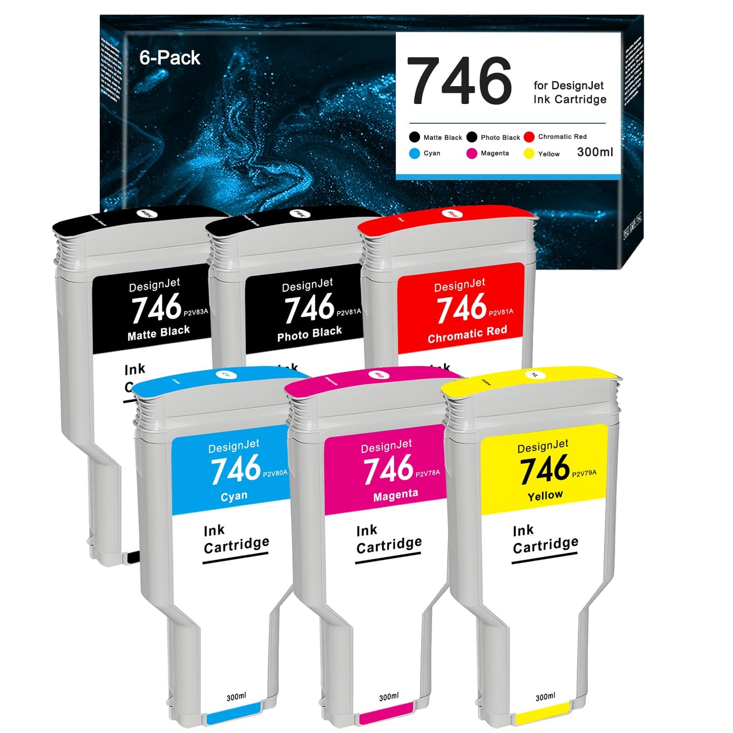KSUMEI KSMEI 746 Ink Cartridge HP 746 Ink Compatible for DesignJet Z6 & Z9+ Larget Format Printer P2V82A P2V83A P2V80A P2V78A P2V79A (6 Pack, 300ml)