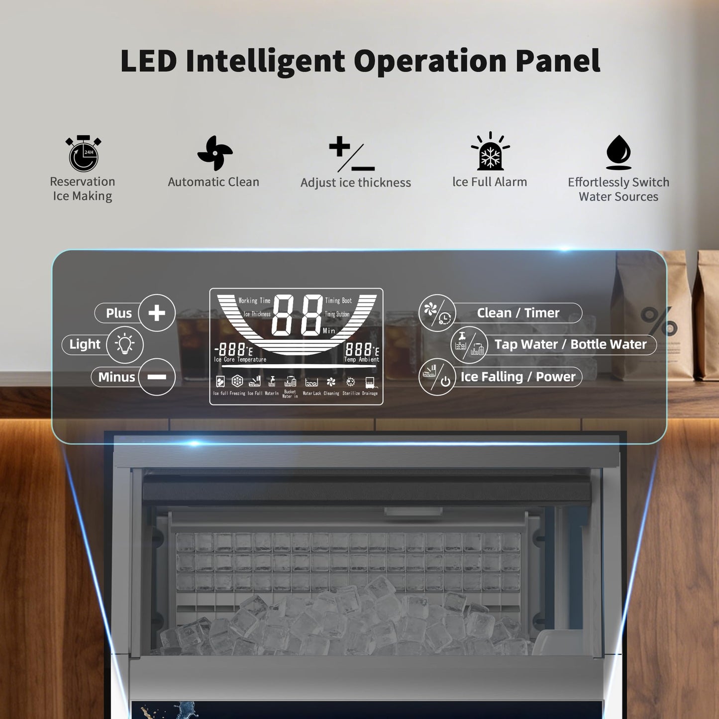 Commercial Ice Maker Machine, 300 lbs/24h with 70 lbs Storage, 126 Ice Cubes in 15 Mins, ETL FCC, Under Counter Ice Maker with LED Display, 24H Timer, Smart Reminder, for Cafe Bar Restaurant