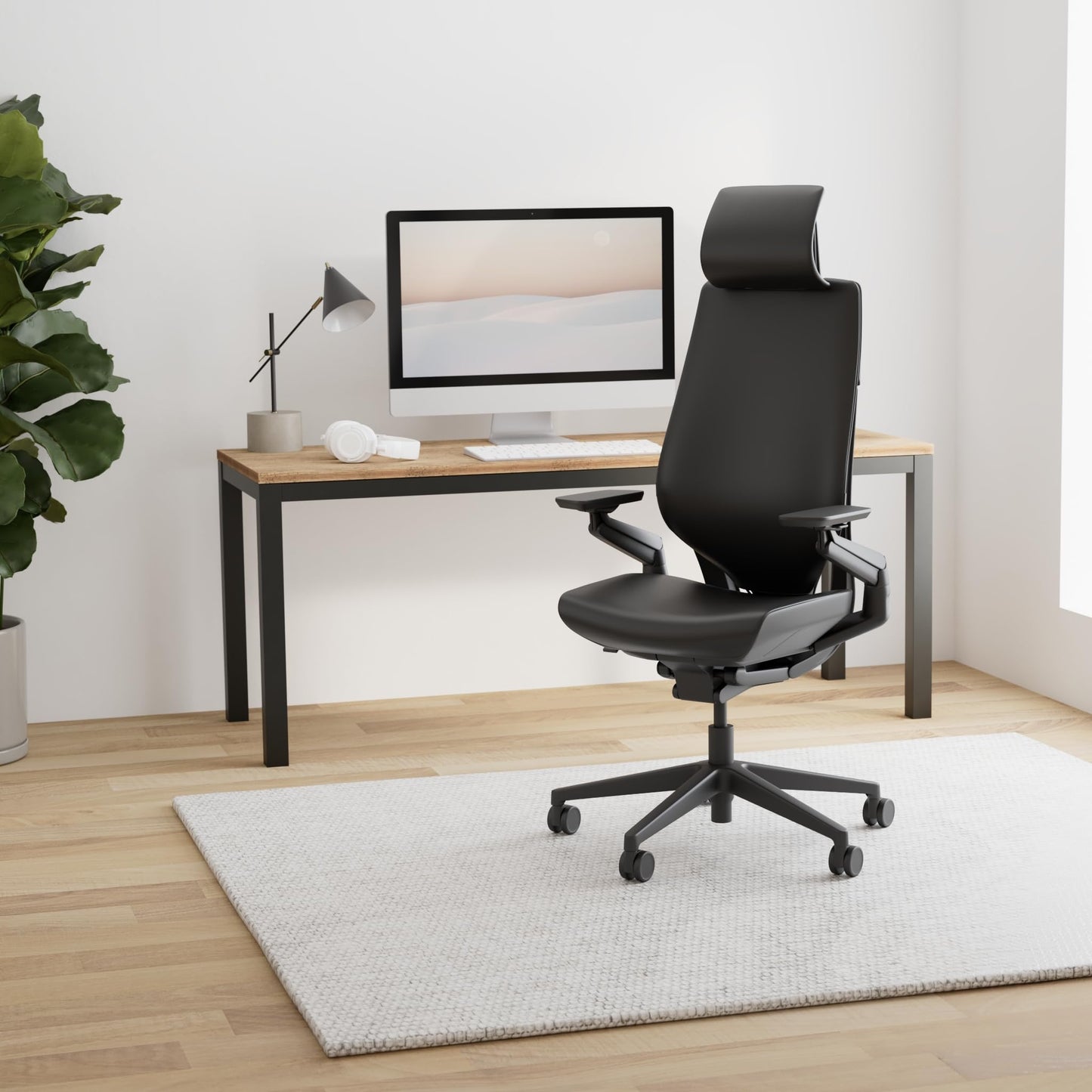 Steelcase Gesture Office Chair with Head Rest - Ergonomic Work Chair with Wheels for Hard Flooring - Comfortable Office Chair - Intuitive-to-Adjust Chairs for Desk - 360-Degree Arms - Licorice Fabric