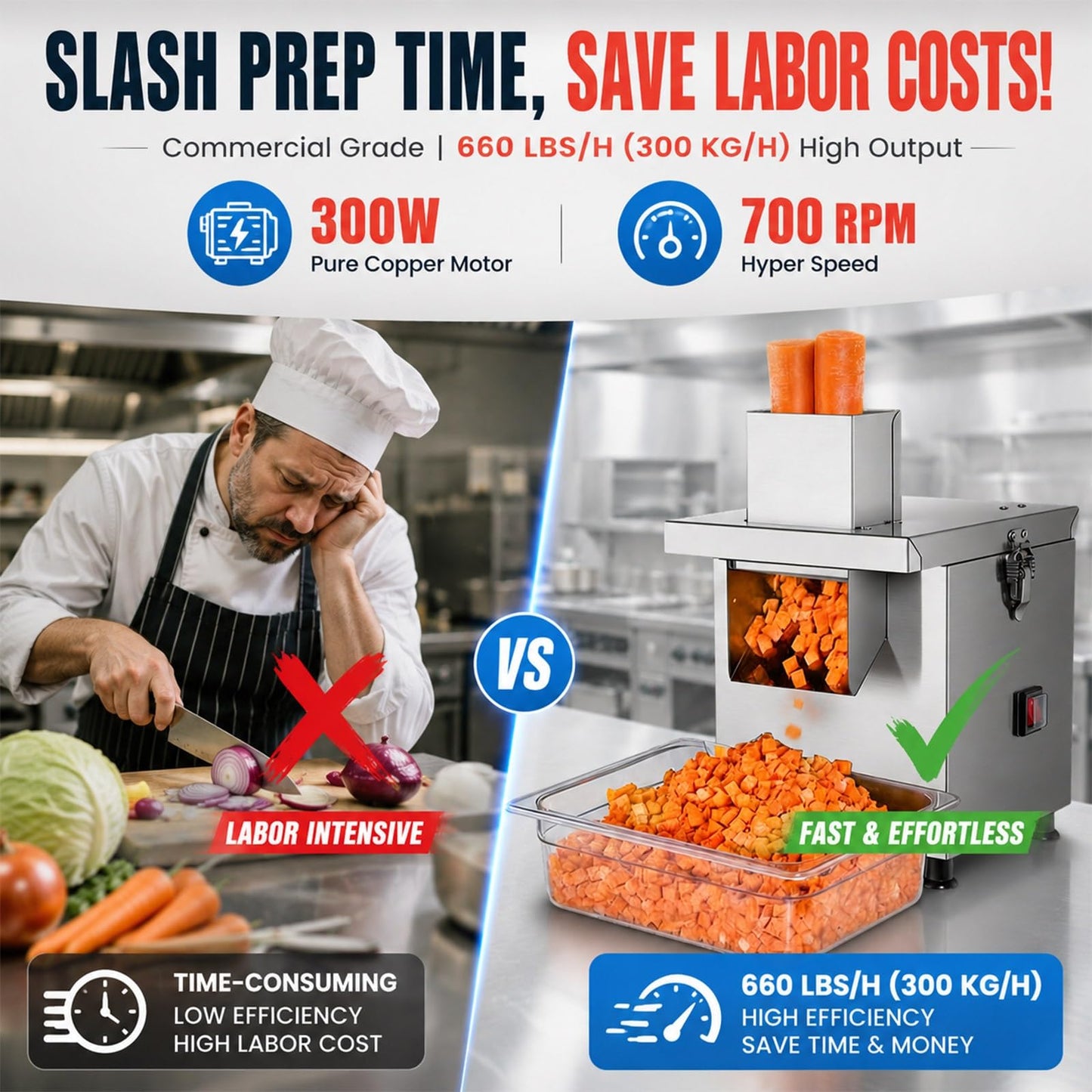 Commercial Vegetable Chopper Electric, Heavy Duty Stainless Steel Food Dicer Machine, Automatic Potato Chipper & Onion Cube Cutter with 5 Grid Blades for Restaurant Catering