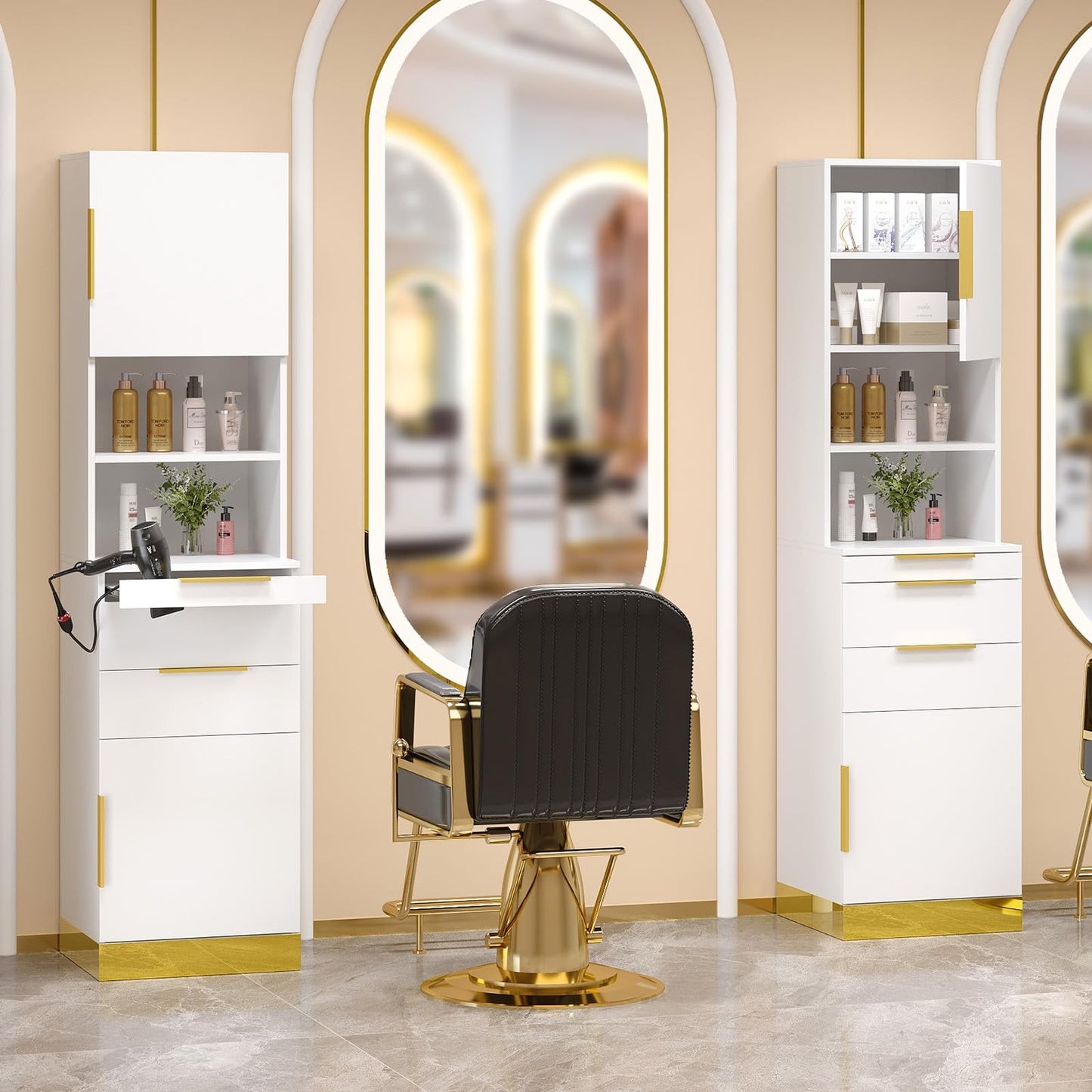 OmySalon Salon Stations for Hair Stylist, Barber Station with Storage Cabinet & Drawers & Hair Dryer Holders, Modern Beauty Salon Spa Equipment for Barbershop, White Gold