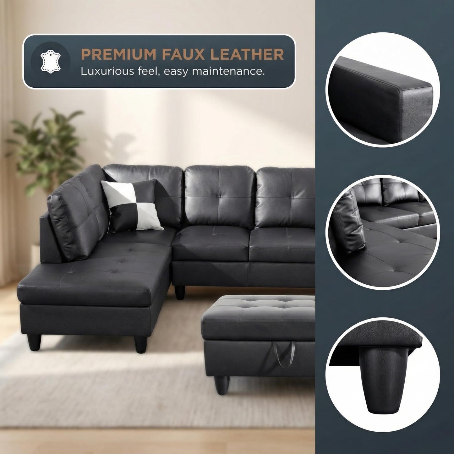Trygoal 103.5" Sectional Couches for Living Room, Leather 4 Seat L Shaped Couch with Chaise, 3-Piece Modular Sofa with Storage Ottoman, Home Furniture Sets for Apartment Office, White and Black