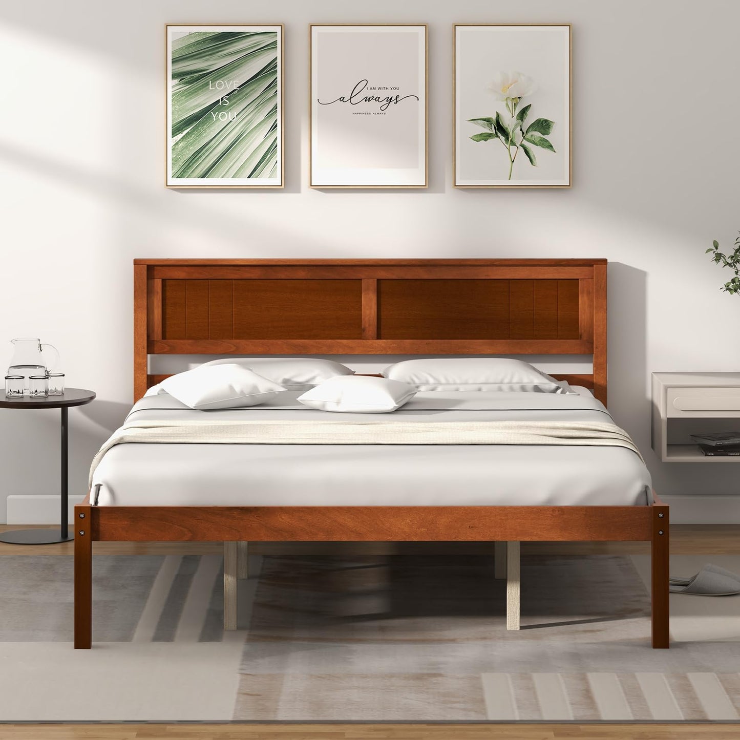 Giantex Wood Queen Platform Bed with Headboard, Mid Century Solid Wood Bed Frame with Wood Slat Support, Wooden Mattress Foundation with 12" Under Bed Storage for Bedroom, Easy Assembly, Walnut