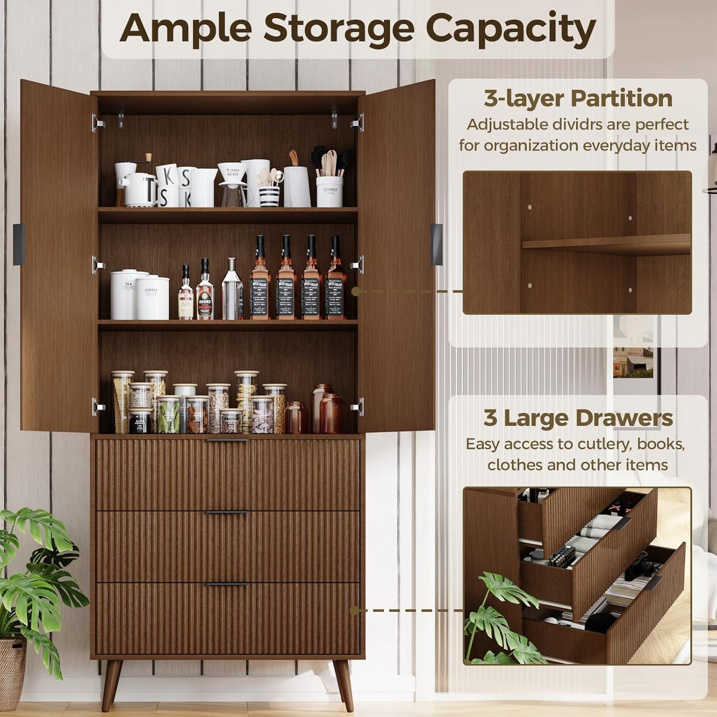 Topcomfy Tall Fluted Cabinet, Kitchen Pantry Cabinet with 2 Doors, Wood Cupboard with Adjustable Shelves, Mid Century Modern Cabinet for Living Room, Dining Room, Entryway, Office, Walnut
