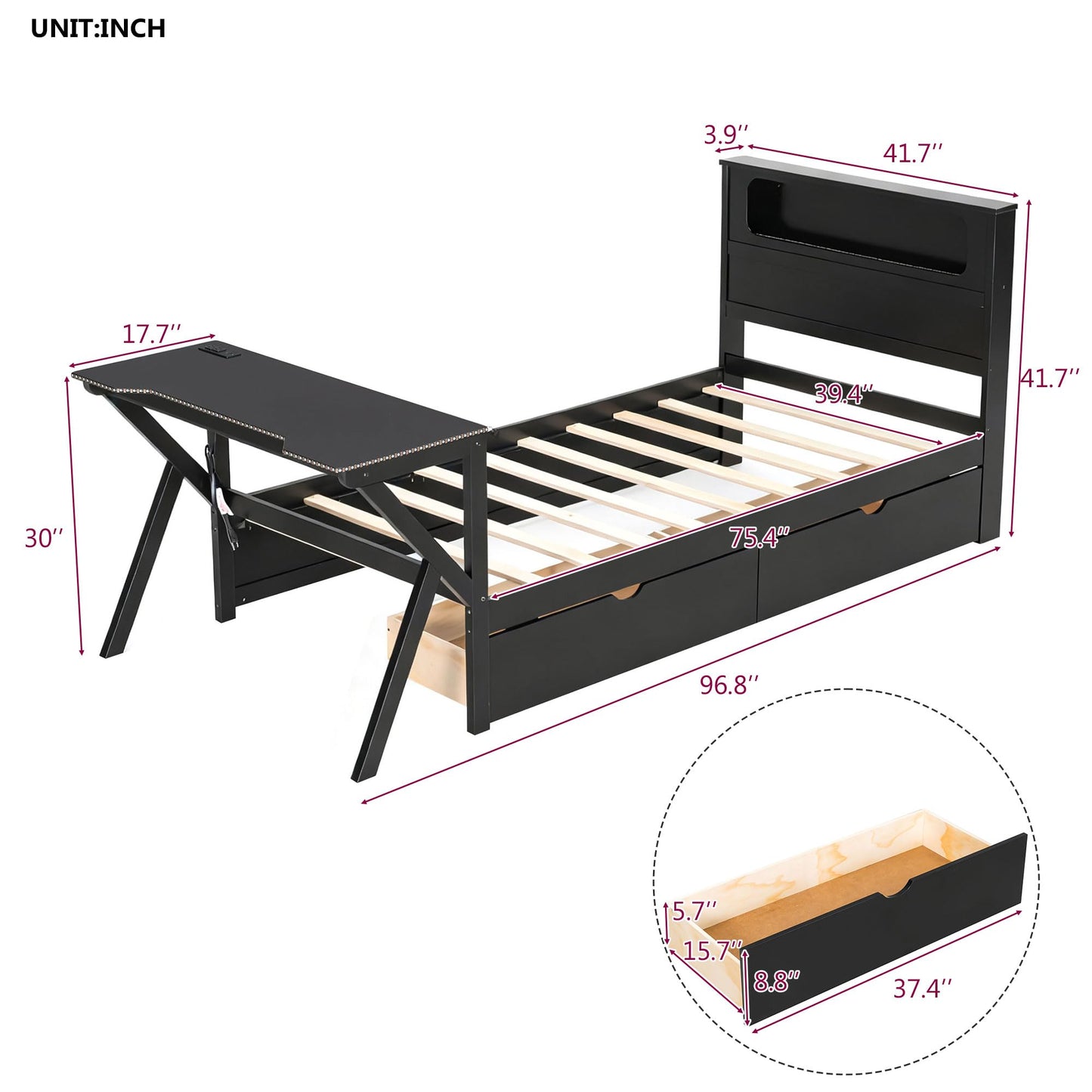 Merax Twin Size Gaming Platform Bed with LED Headboard and LED Desk, Wooden Corner Bed with USB and Two Storage Drawers