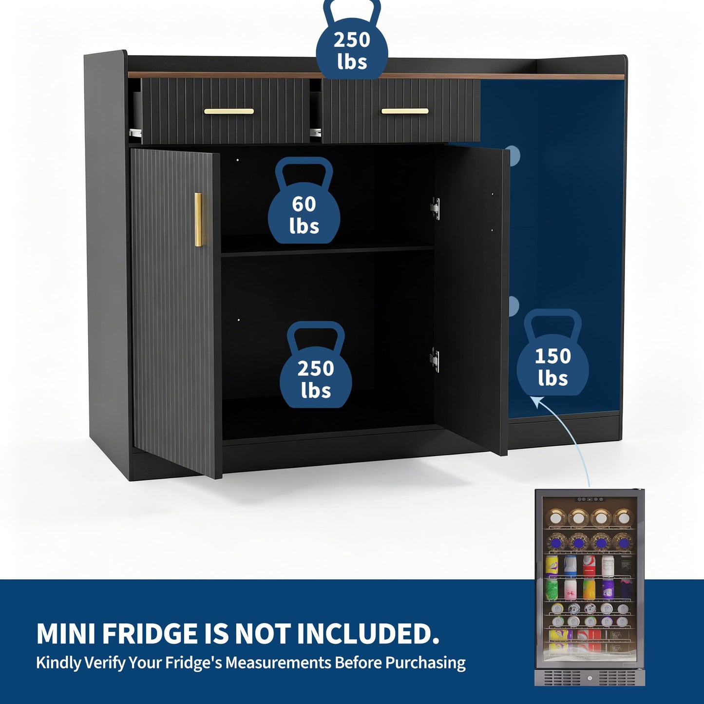Garvee Coffee Bar Cabinet with Fridge Space, Fluted Wine Cabinet with Charging Station, Mini Fridge Cabinet with Drawers and Adjustable Shelf, Home Bar for Dining Room, Kitchen, Living Room, Black