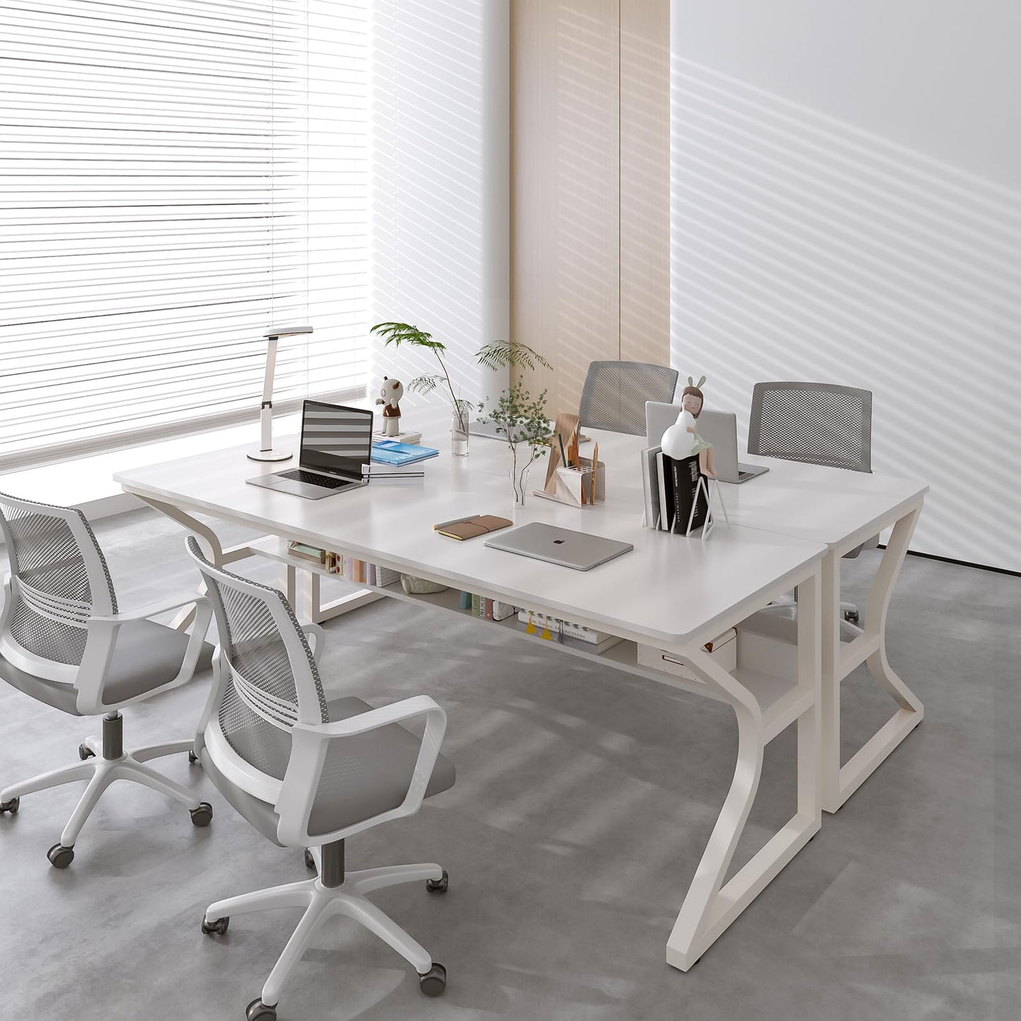 OSCHF Extra Long Desk with Bookshelf - 71" Double Long Writing Table for 2-Person Workstation, Modern Study Work Computer Desk for Home and Office, Warm White