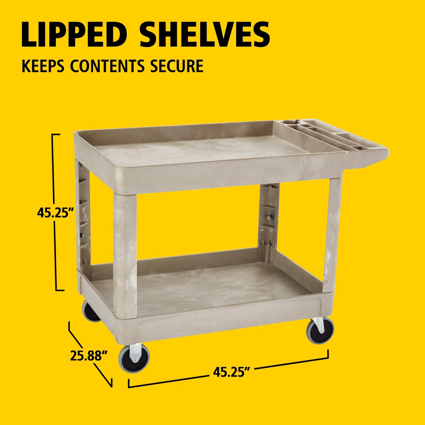 Rubbermaid Commercial Products Heavy Duty 2-Shelf Utility/Service Cart, Medium, Lipped Shelves, Storage Handle, 500 lbs. Capacity, Beige, for Warehouse/Garage/Cleaning/Maintenance