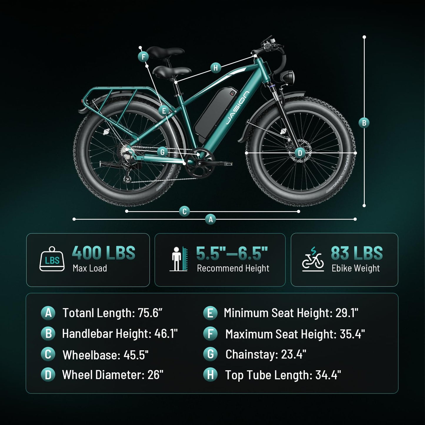 Jasion EB5 MAX Electric Bike for Adults with 2000W Peak Motor, 48V 15Ah (720Wh) Battery Electric Mountain Bike, 26'' x 4'' Fat Tire Ebike, 28+MPH Speed, Cruise Control, with Fenders, Rear Rack