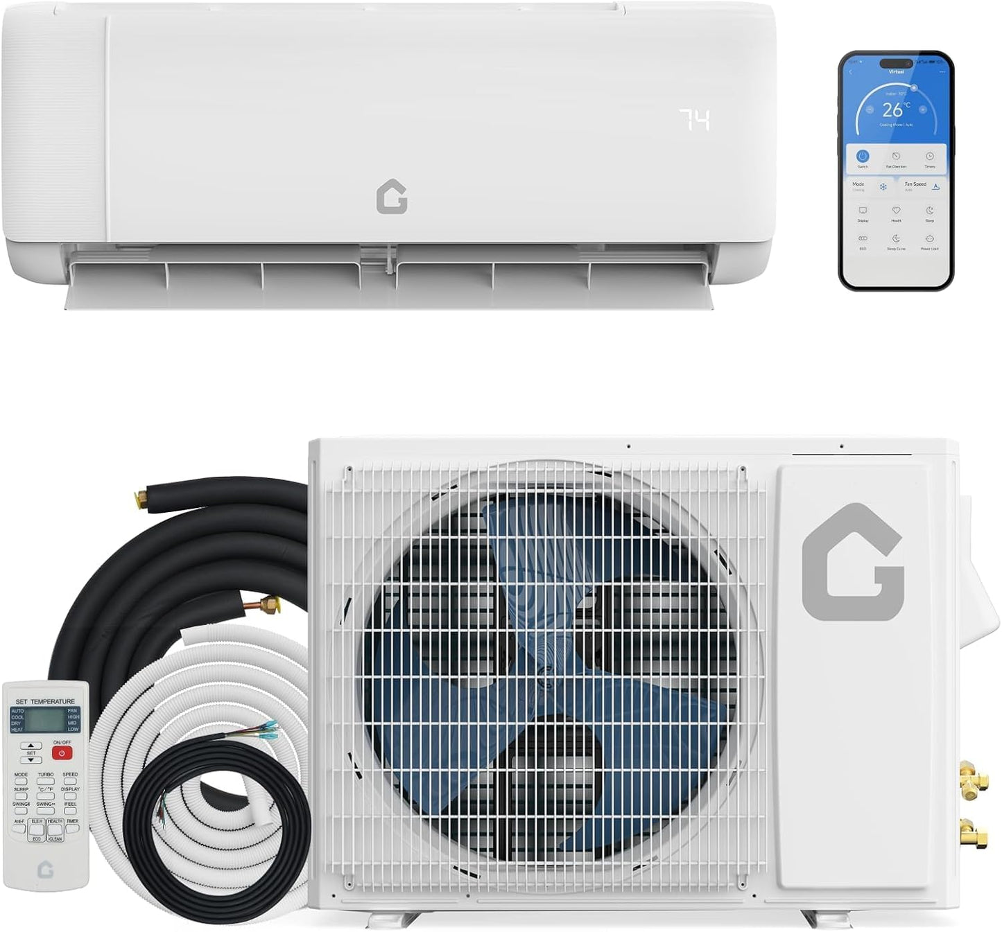 12000 BTU Mini Split Air Conditioner Heat Pump System,SEER2 18.5 Ductless Inverter AC Unit System with WiFi, Compatible with Alexa,Remote Control & Installation Kit, Cools Up to 750 Sq.Ft, 208-230v