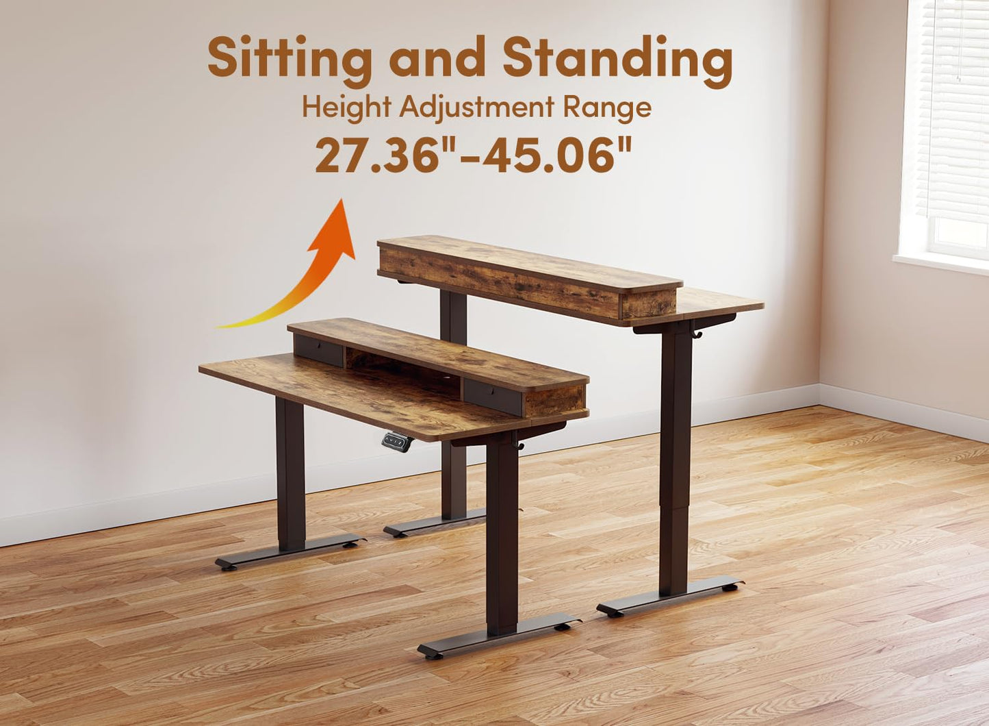 BANTI 55x24 Inch Electric Standing Desk with Double Drawers, Adjustable Height Stand Up Desk, Sit Stand Home Office Desk with Storage Shelf, Vintage Brown Top