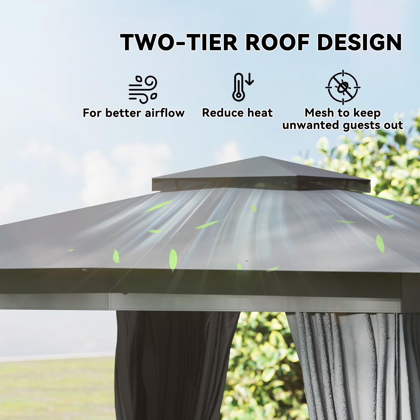 Outsunny 10' x 12' Outdoor Patio Gazebo, Heavy Duty Gazebo Canopy Shelter with Double Roof, Curtains, Netting, Steel Frame, UPF30+ Protection, Ceiling Hooks for Lawn, Backyard, Deck, Dark Gray