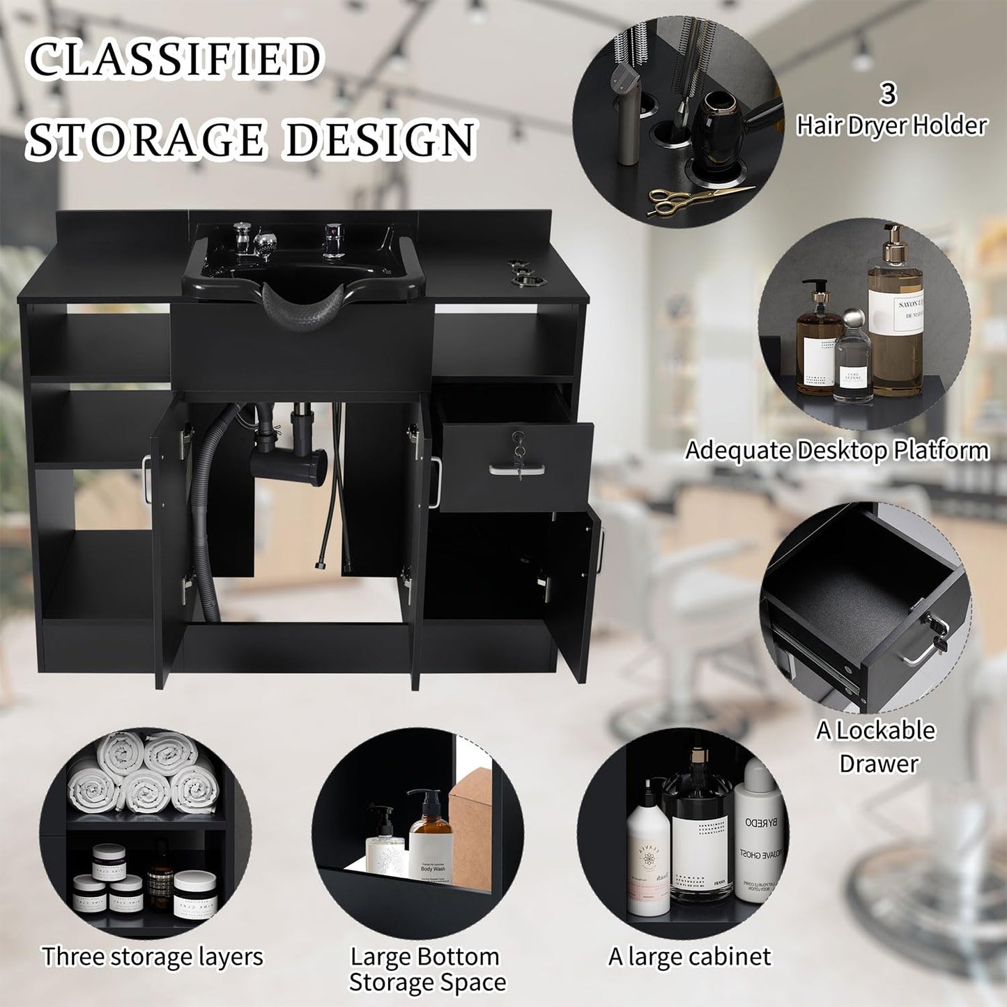 Shampoo Bowl with Cabinet, Shampoo Barber Backwash with Charging Station, Drawers, Storage Cabinet, Faucet Sprayer & Shampoo Bowl, Shampoo Cabinetry Hair Wash Sink for Beauty Spa Barber