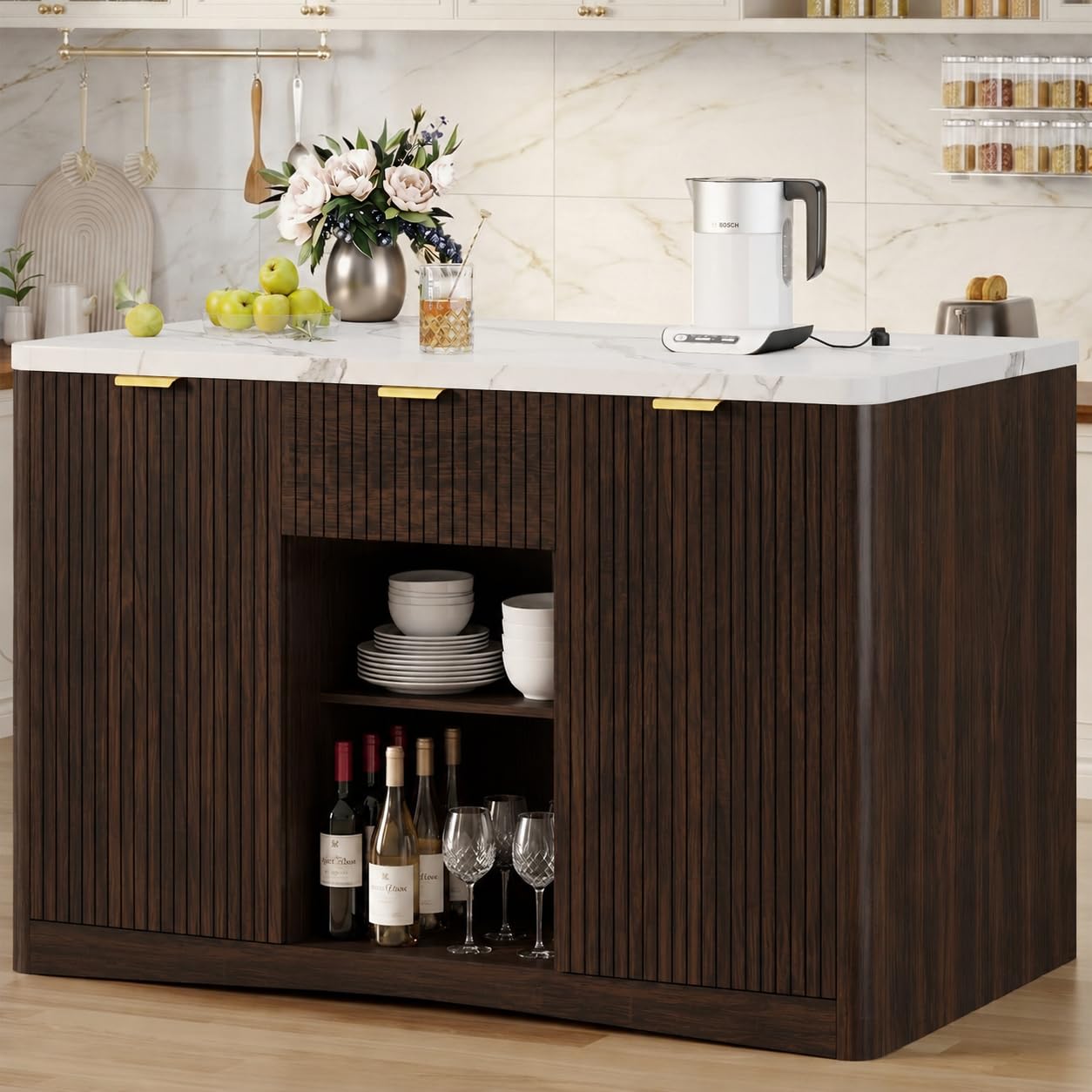 Homiflex Kitchen Island with Storage, 47" Island Table for Kitchen Large Kitchen Islands with Drawers Rolling Kitchen Island with Power Outlet & Adjustable Shelf Bar Cart for Dining Room- Walnut