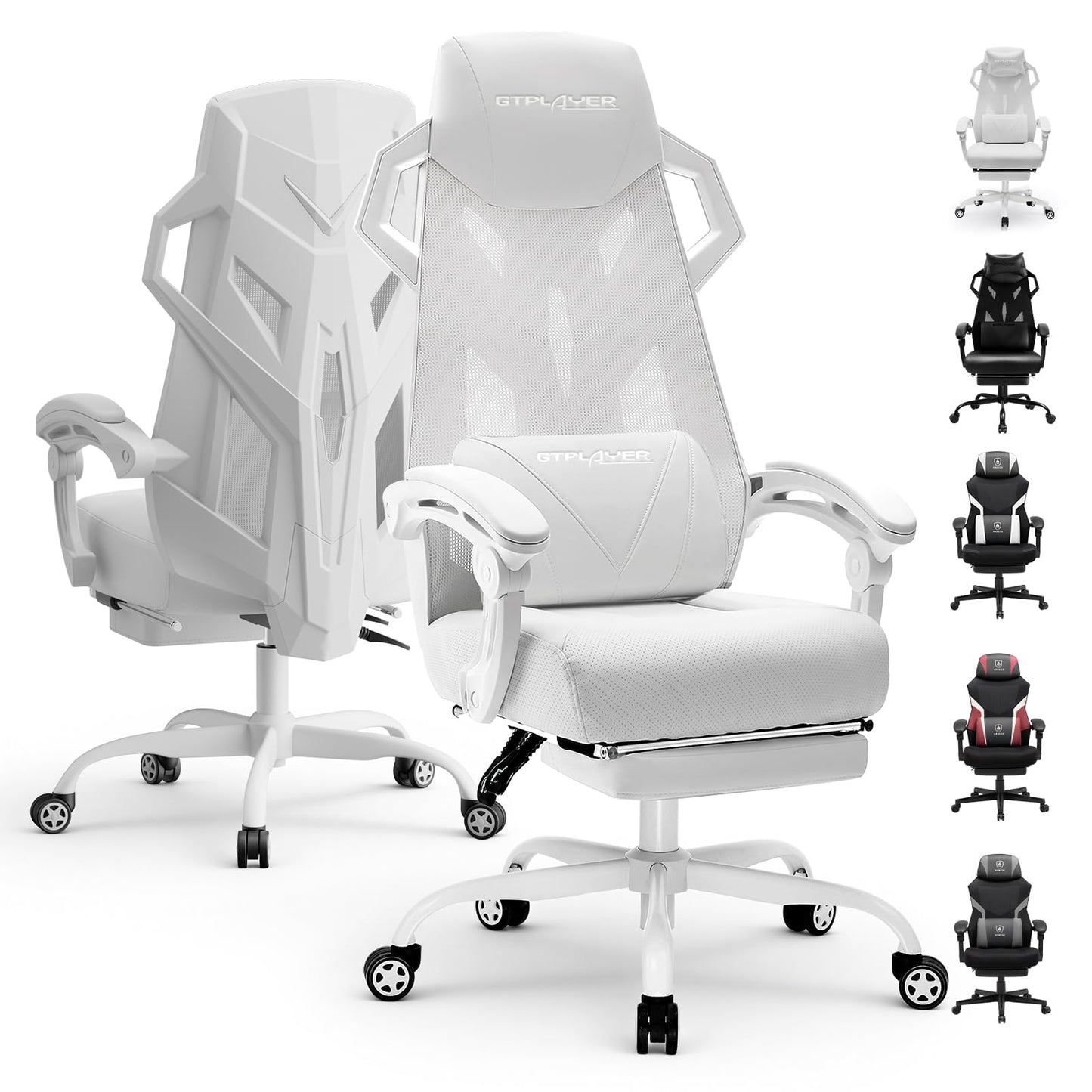 GTPLAYER Computer Chair with Adjustable Footrest, Ergonomic Gaming Chair with Headrest and Lumbar Support, Breathable Mesh Office Chair for Adults, High Back Reclining Desk Chair for Gaming and Office