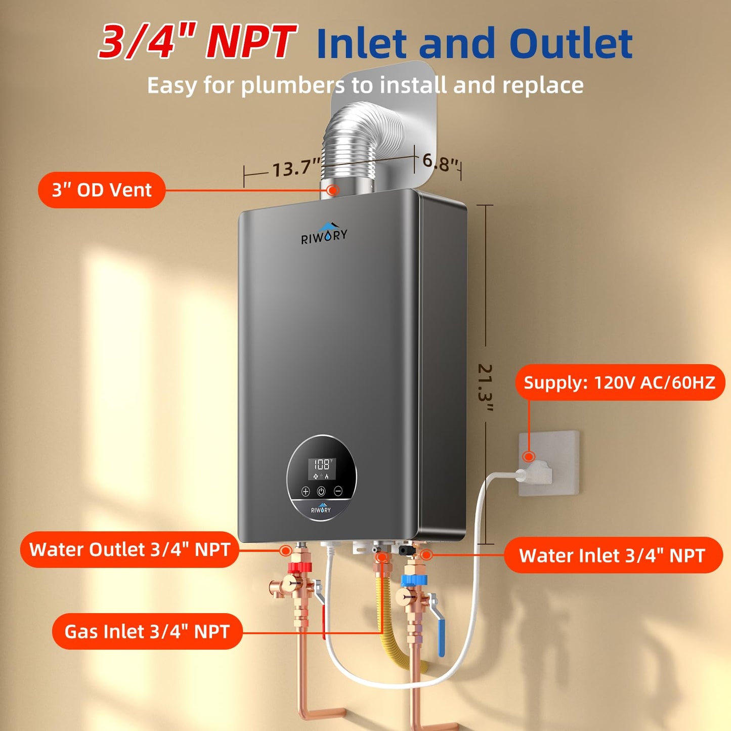 RIWORY 85000 BTU On Demand Propane Water Heater Tankless, Max 3.6 GPM, Intelligent Indoor Gas Hot Water Heater with Freeze Protection, 3/4" NPT, lp Gas Tankless Water Heater for 2-3 Water Points