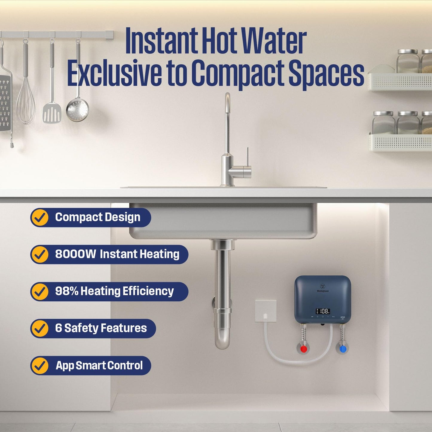 Westinghouse Apolo Mini 8kW Tankless Water Heater Electric, 240V Instant Hot Water Heater, Under Sink Water Heater Electric, Smart WiFi Control, Compatible with Alexa & Google Home, Deep Blue