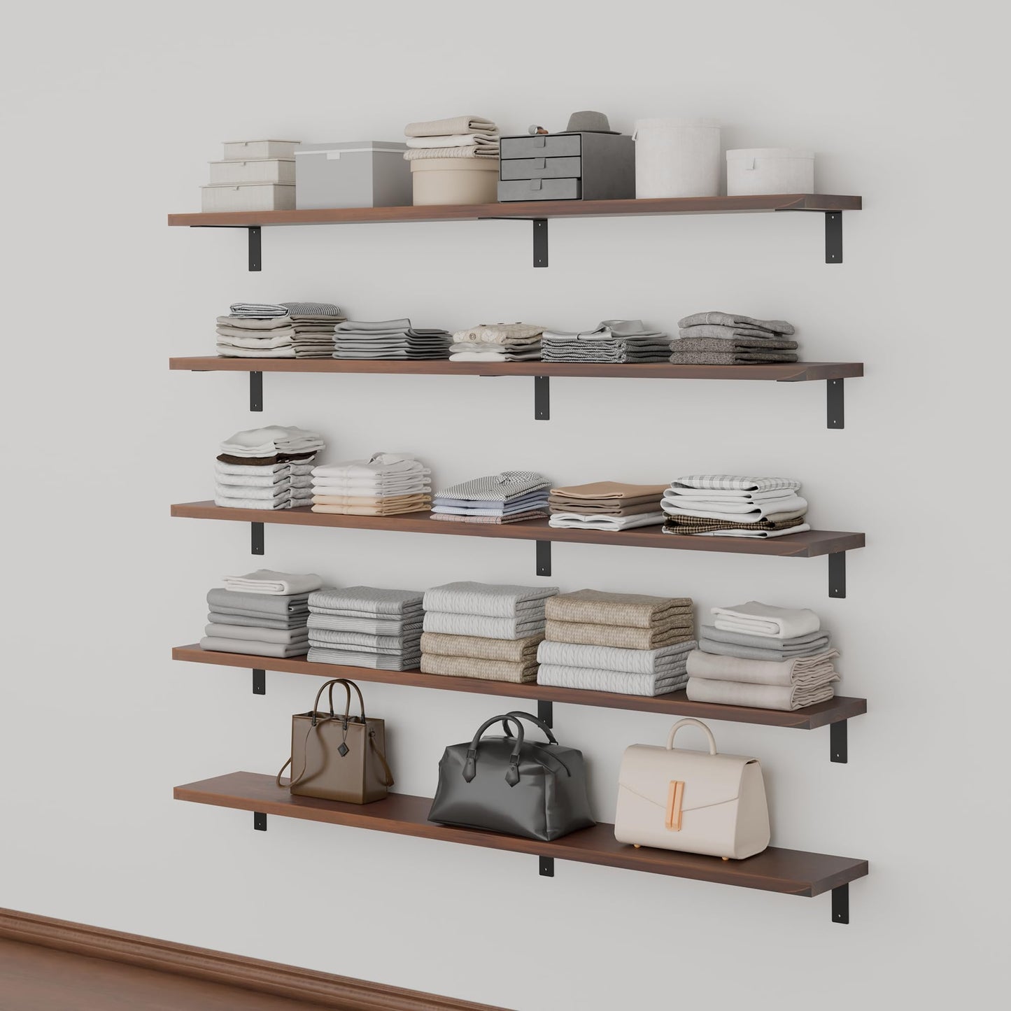 ONOTETUT 10x60 inch Farmhouse Walnut Floating Book Shelf,5-Pack Bookshelves Long Wall Shelf,Solid Wood Large Bookcase for Living Room, Kitchen (Walnut, 60 Inch)