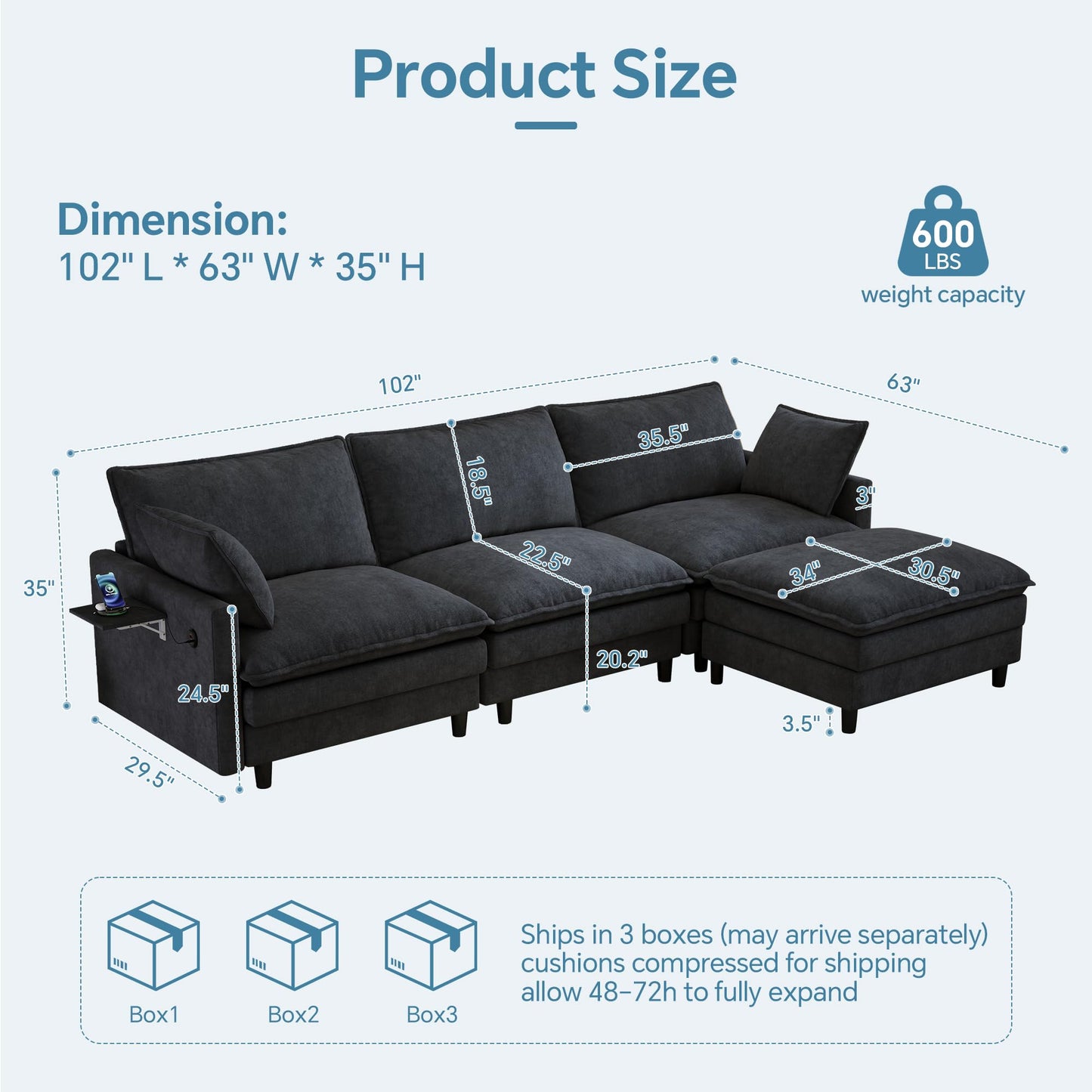 FAVSH 102'' L-Shaped Modular Sectional Sofa, 3-Seater Cloud Couch with Movable Ottoman, Deep Seat Chenille Upholstery, USB & Type-C Charging, Foldable Side Table for Living Room Apartment, Dark Gray