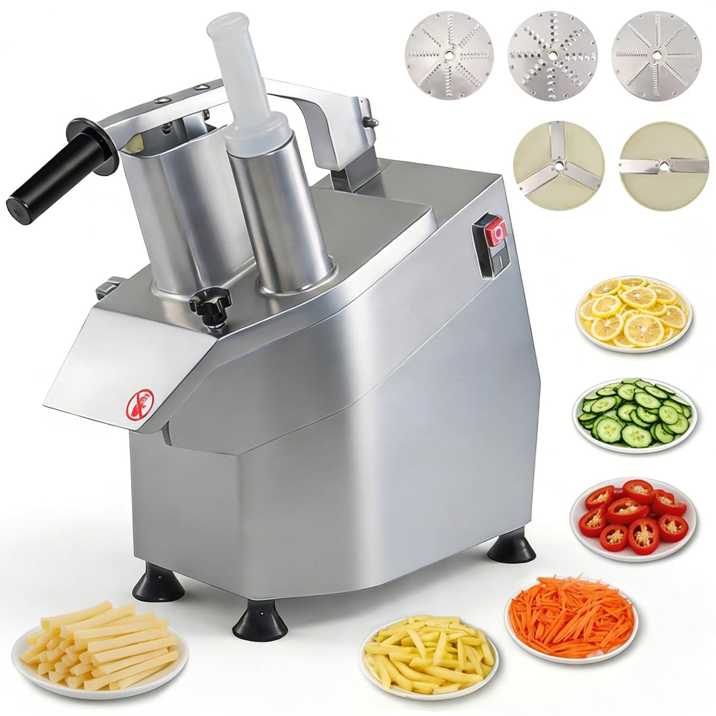 CHEF KEY Commercial Food Processor 550W, 2 Feeding Holes Electric Vegetable Slicer Shredder, 1600 RPM, 5 Blades for 3mm/4mm/7mm Shred, 2mm/4mm Slice, Ideal for Kitchen Restaurant Home Use