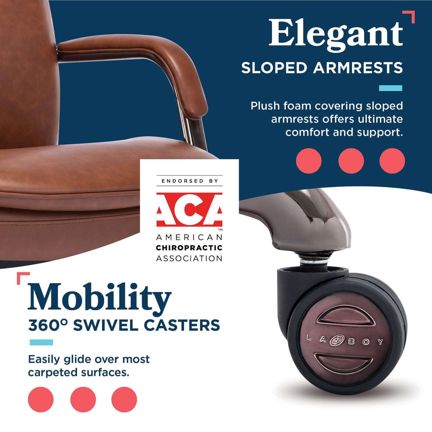 La-Z-Boy Opus Executive Mid-Back Office Chair, Channel-Tufted Seat and Back, Double-Layer Cushion, Padded Arms, Ergonomic Computer Desk Chair, Swivel Metal Base, Bonded Leather, Cognac and Graphite