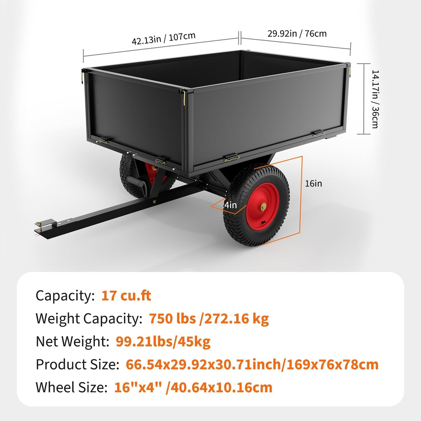 PeakPursuit Tow Behind Steel Dump Cart, Heavy Duty Yard Garden Trailer with Removable Sides & All Terrain Tires, Fits Lawn Mower, Tractor, Garden Cart, 750 lbs 17 Cubic Feet, Black