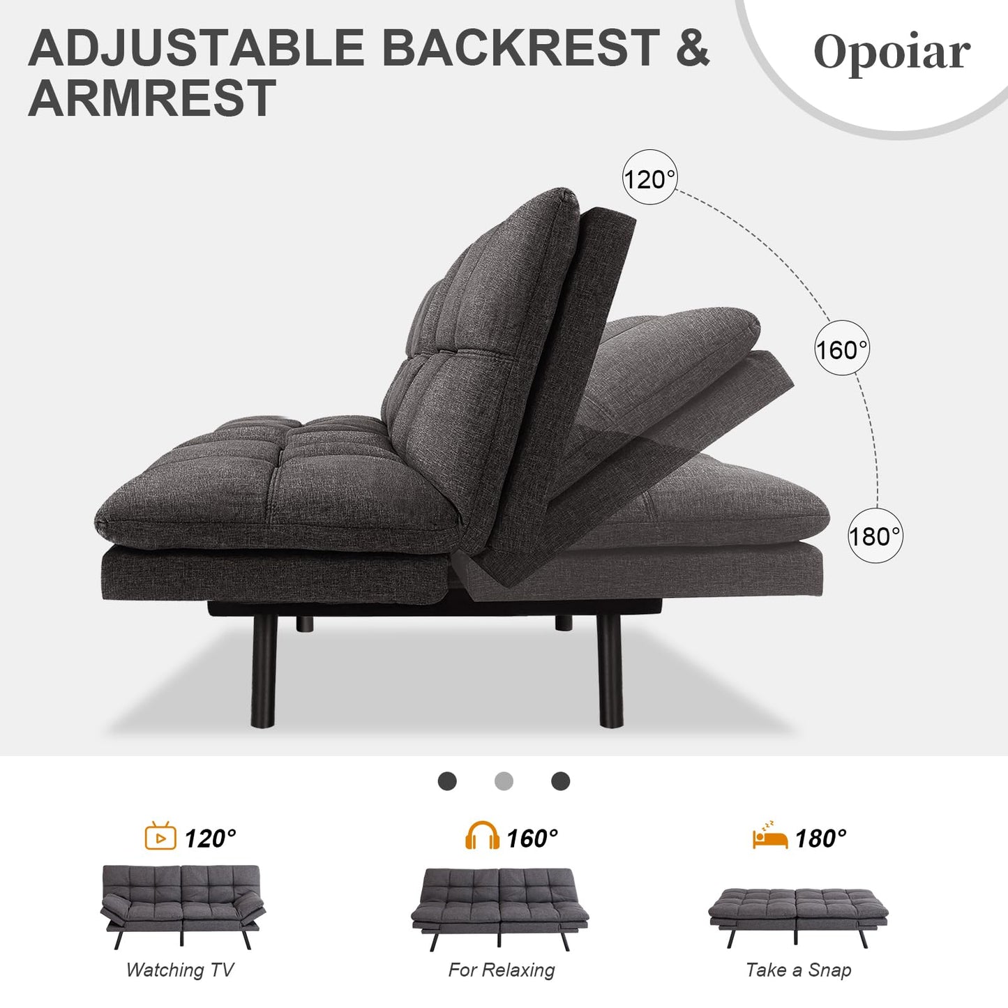 Opoiar Futon Sofa Bed Convertible Memory Foam Grey Couch Bed Futon Sets Folding Modern Sleeper Sofa Gray Loveseat for Studio,Drom,Apartment,Game Room and Small Space