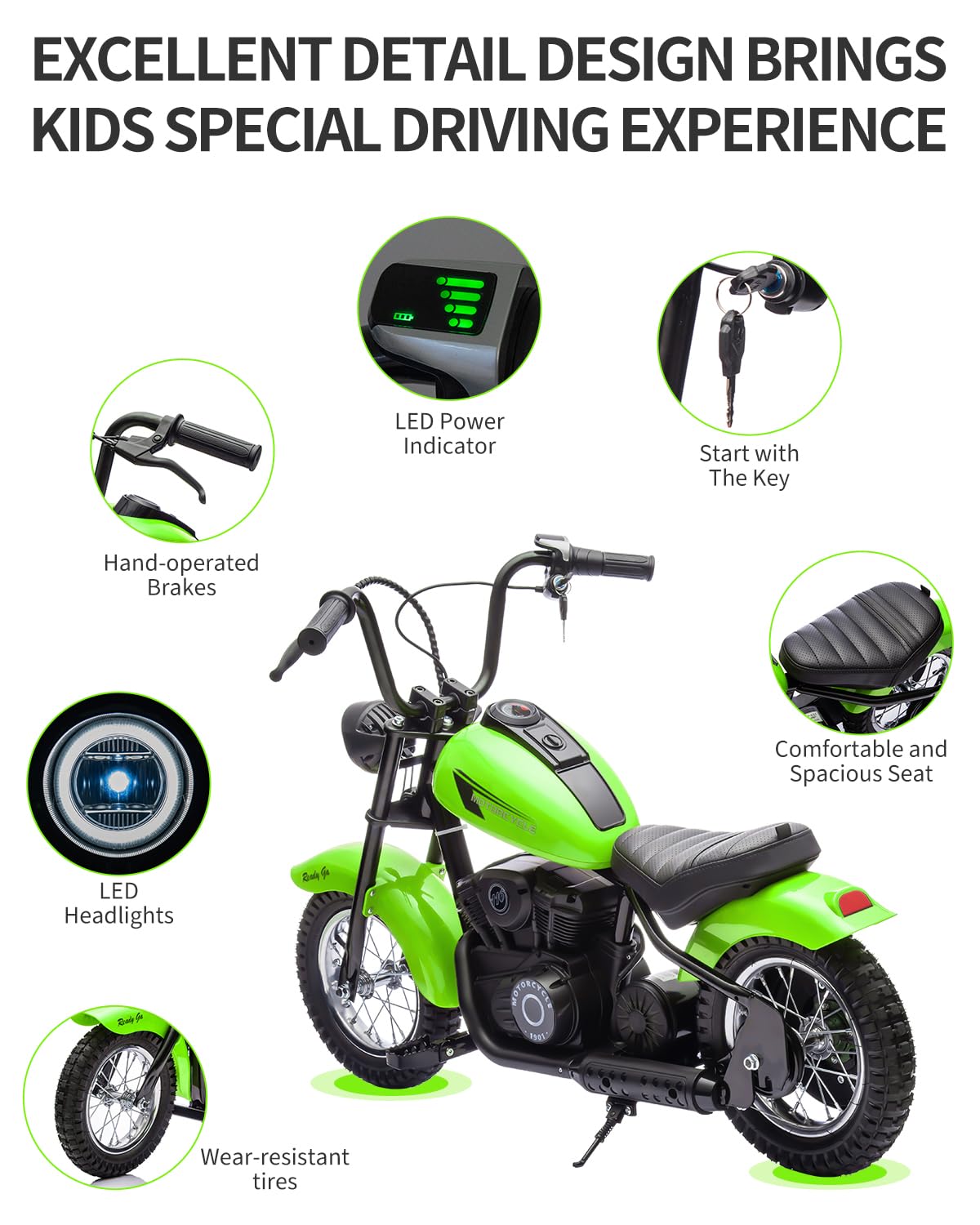 Electric Dirt Bike for Kids 24V, 150lb Max Weight & 15mph, Chain Driven Motor w/12'' Air Filled Tires, Handbrake & Shock Absorbers, LED Lights, Power Display Ride On Toy for Boys & Girls