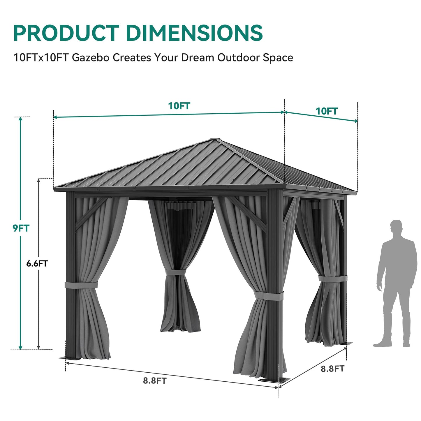 YITAHOME 10'X10' Metal Hardtop Gazebo Outdoor Patio Single Top Canopy Galvanized Iron Garden Tent Curtains Netting for Backyards Decks Lawns,Gray