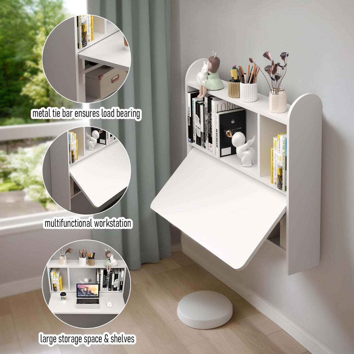 TuckTect Wall Mounted Drop-Leaf Table, Floating Laptop Desk, Folding Table with Shelves, Multifunctional Computer Workstation with Storage Compartments in Home Office for Space Saving (White)