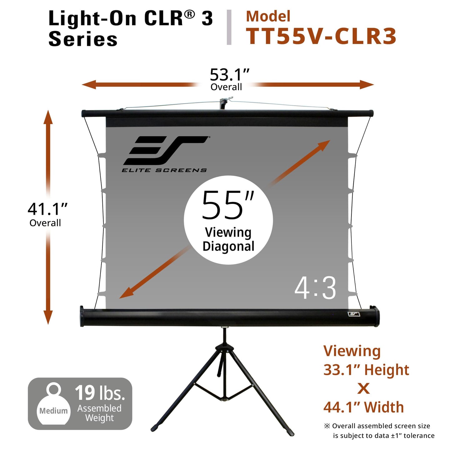 Elite Screens Light On CLR 3, 55" 4:3 Portable Projector Screen with Stand– ALR Ultra Short Throw, Adjustable Indoor Outdoor Pull Up Projection Screen for Home Theater, Office & Classroom, TT55V-CLR3