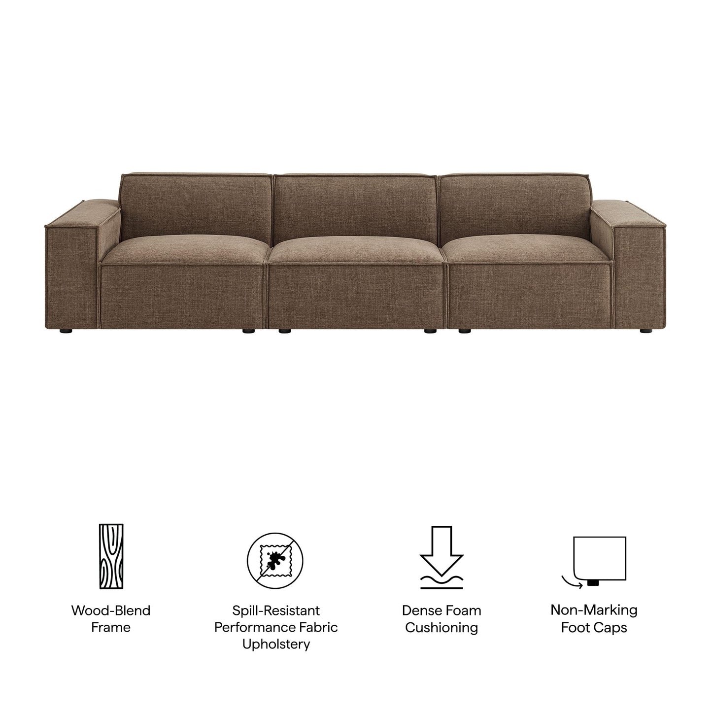 Modway Restore Performance Fabric Upholstered 3-Piece Modular Sofa Set in Mocha - Low Profile Sectional Sofa with Coil Seat Support and French Piping