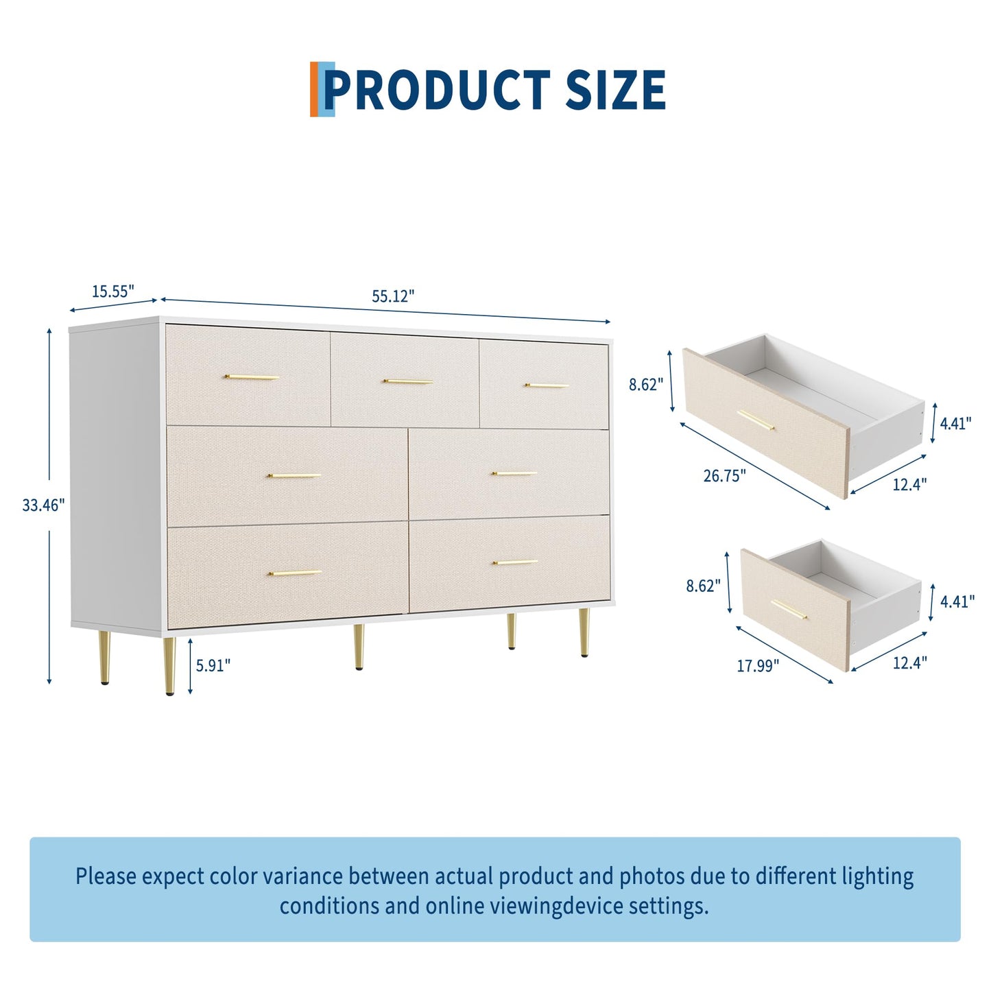 Garvee White Dresser, Modern 7 Drawer Dresser for Bedroom with Gold Handle and Legs, Wooden Nightstand with Linen-Textured Surface, Narrow Accent Cabinet End Table for Living Room, Hallway, Entryway