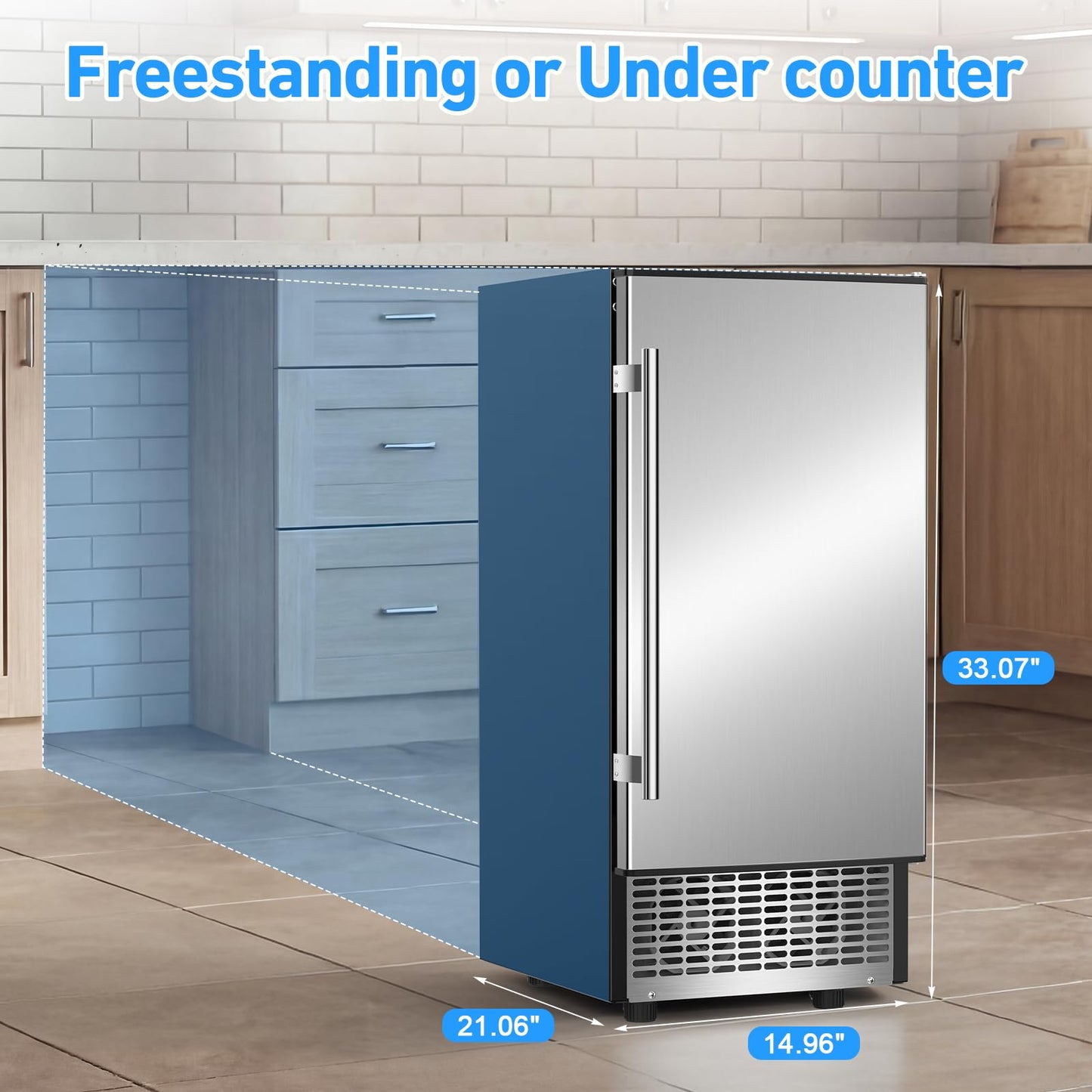 Under Counter Ice Maker 120lbs/24h, 2 in 1 Commercial Ice Machine & Beverage Refrigerator with 2 Drawers & 30lbs Storage, Stainless Steel Reversible Door, Adjustable Ice Thickness for Home Bar Kitchen