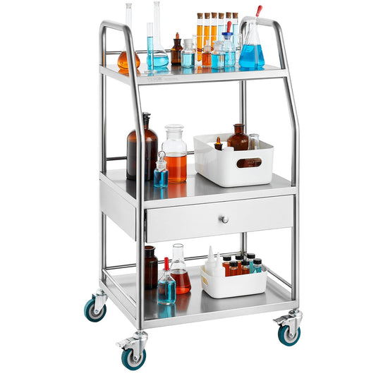VEVOR Stainless Steel Utility Cart with 3 Shelves & 1 Drawer, 360 Swivel Casters, 220lbs Capacity