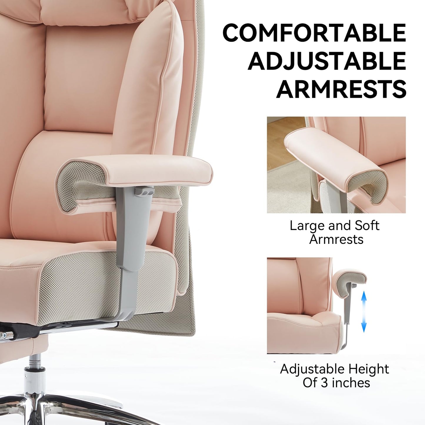 Efomao Big & Tall Pink Executive Office Chair 400lbs, Extra Wide 23.2" PU Leather Desk Chair for Women with Footrest, Pocket Spring & Adjustable Arms for Home Office