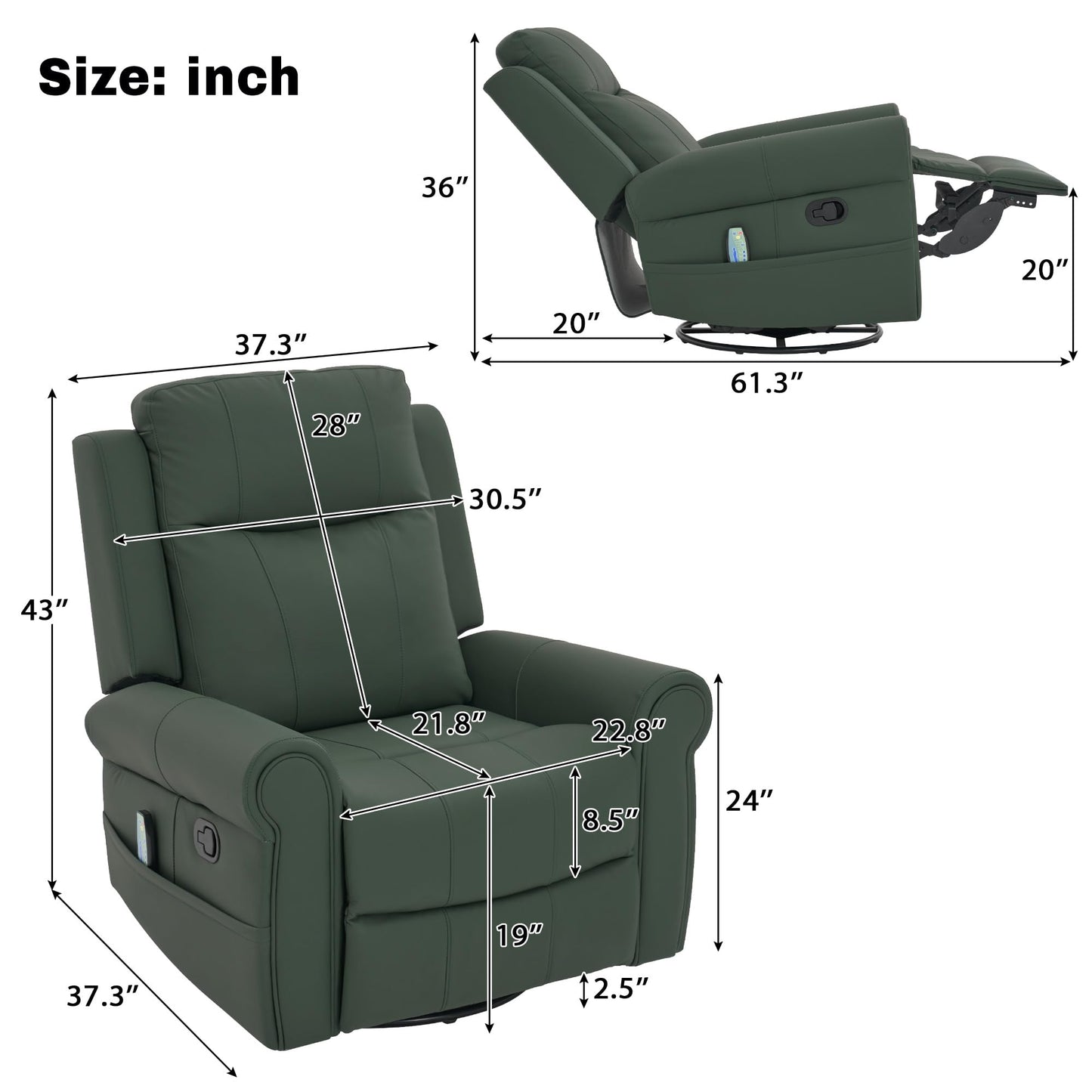Christopher Knight Home Hayezi 270° Swivel Rocker Recliner, Massage and Heating Chair, PU Leather Living Room Manual Recliner with Dual Reclining Positions & Side Pocket, for Nursery Bedroom, Green